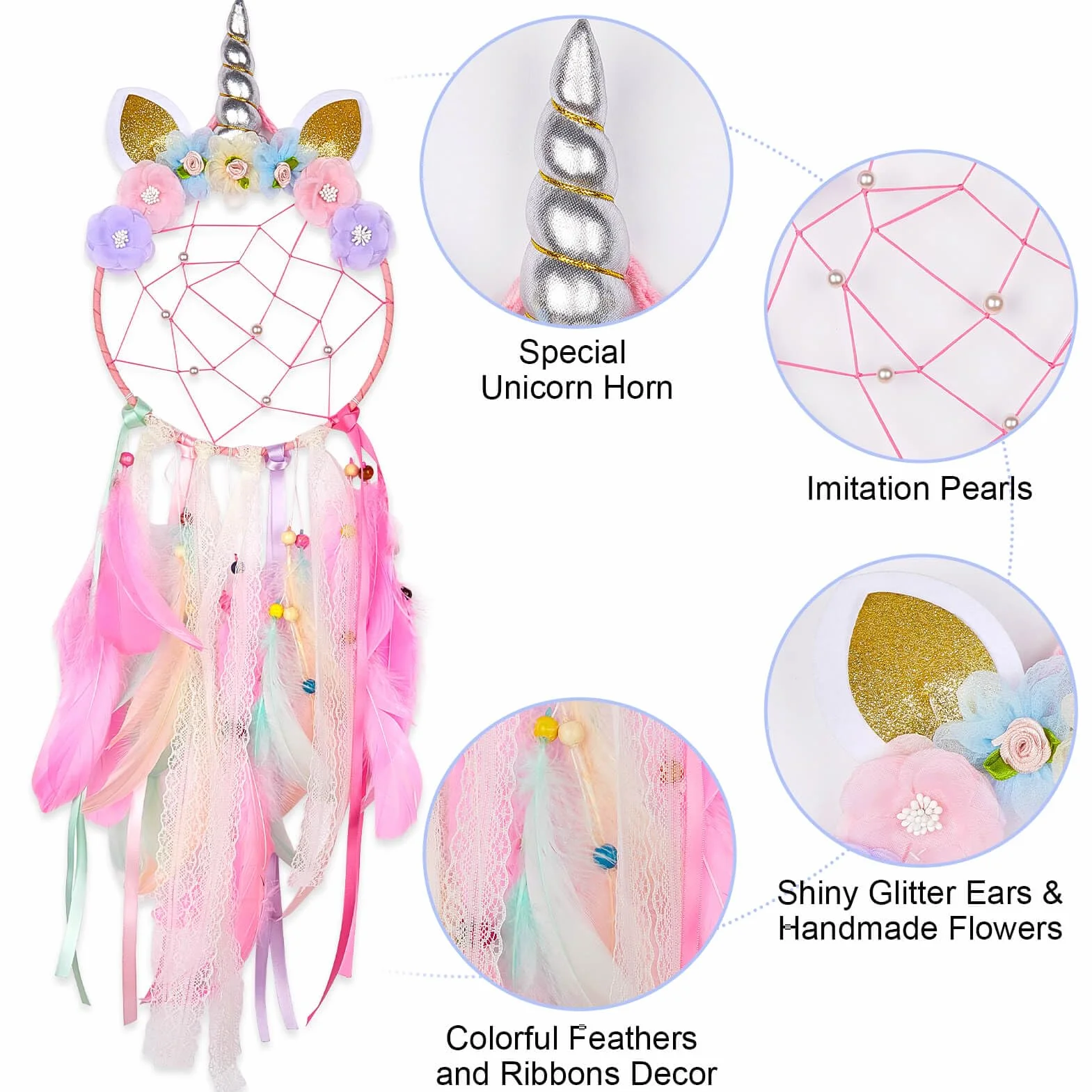 Grand attrape-rêves licorne pour filles - Décoration murale fleurs colorées fait main