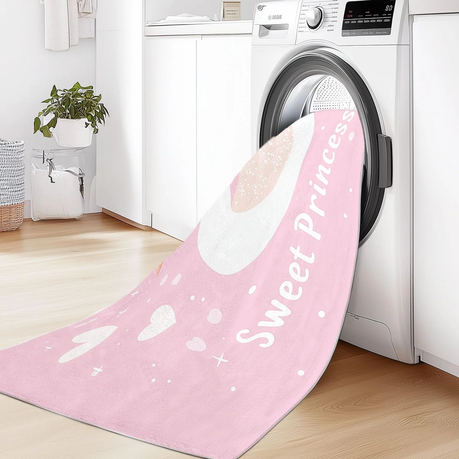 Tapis Salon Poil Court Lavable Antidérapant 60x110 cm Rose Blanc Motif Cygne Princesse