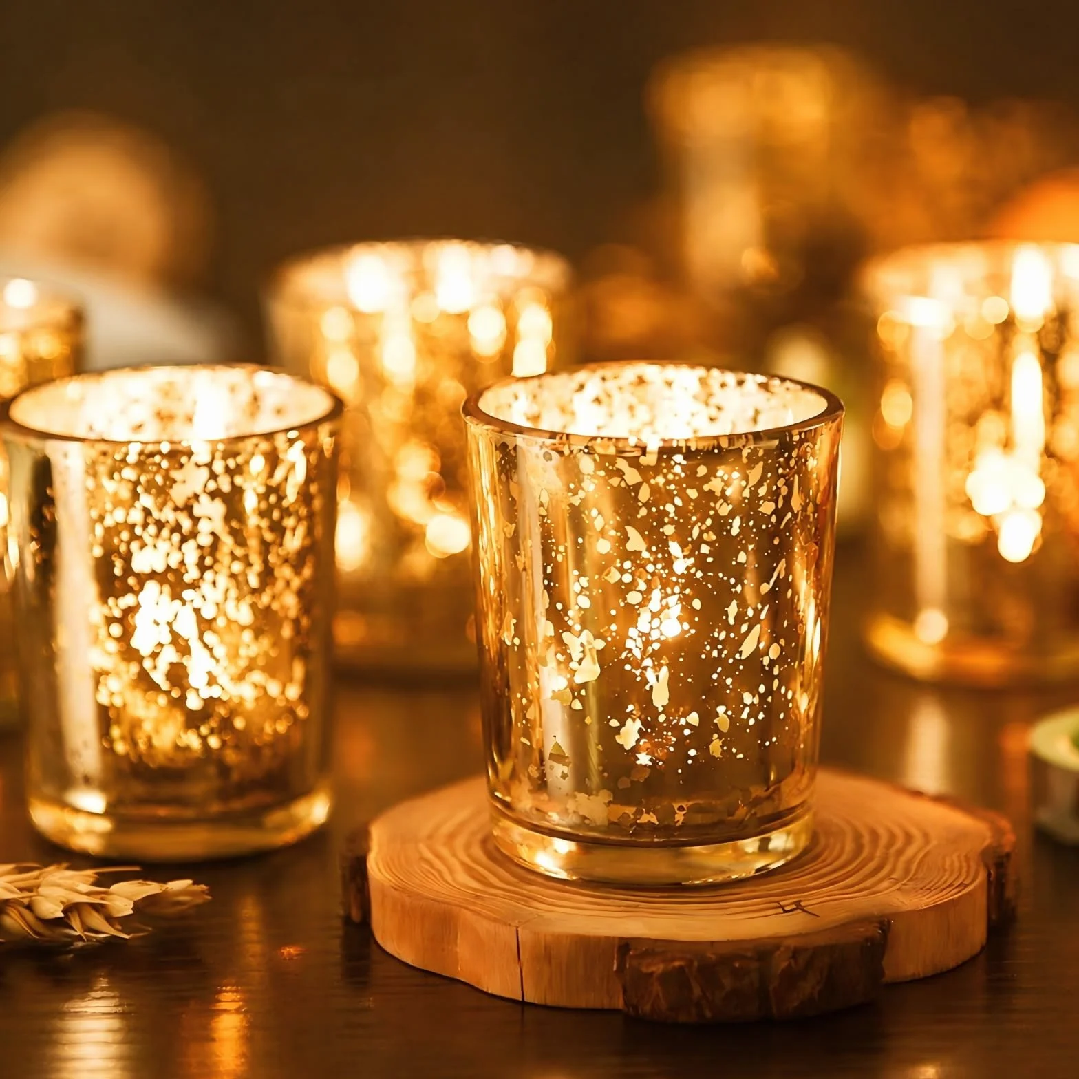 Bougeoirs Doré en Verre au Mercure, Lot de 12 Photophores pour Décoration Mariage
