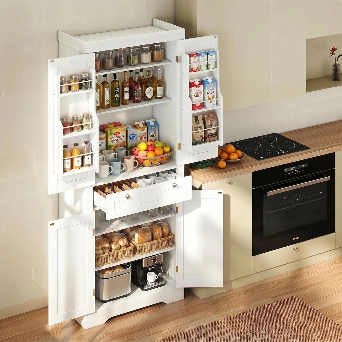 Meuble Cuisine, Buffet Haut Cuisine, Meuble Rangement avec 1 Tiroir et 4 Portes, Garde-Manger Moderne 76x40x182 cm – Panneau de Particules + MDF, pour Cuisine, Salle à Manger ou Salon, Blanc