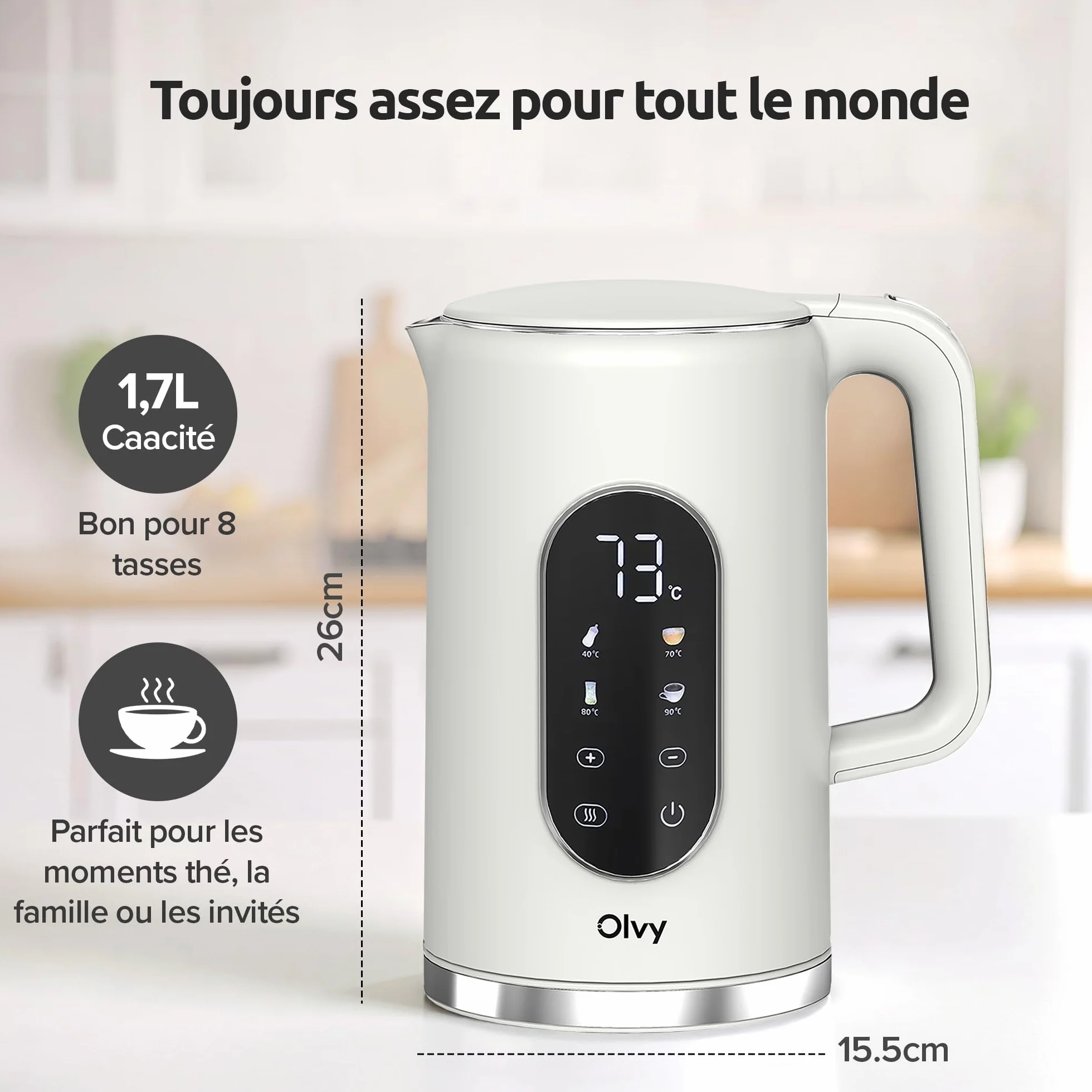 Olvy Bouilloire Électrique 1,7L Inox 2200W Double Paroi Maintien au Chaud