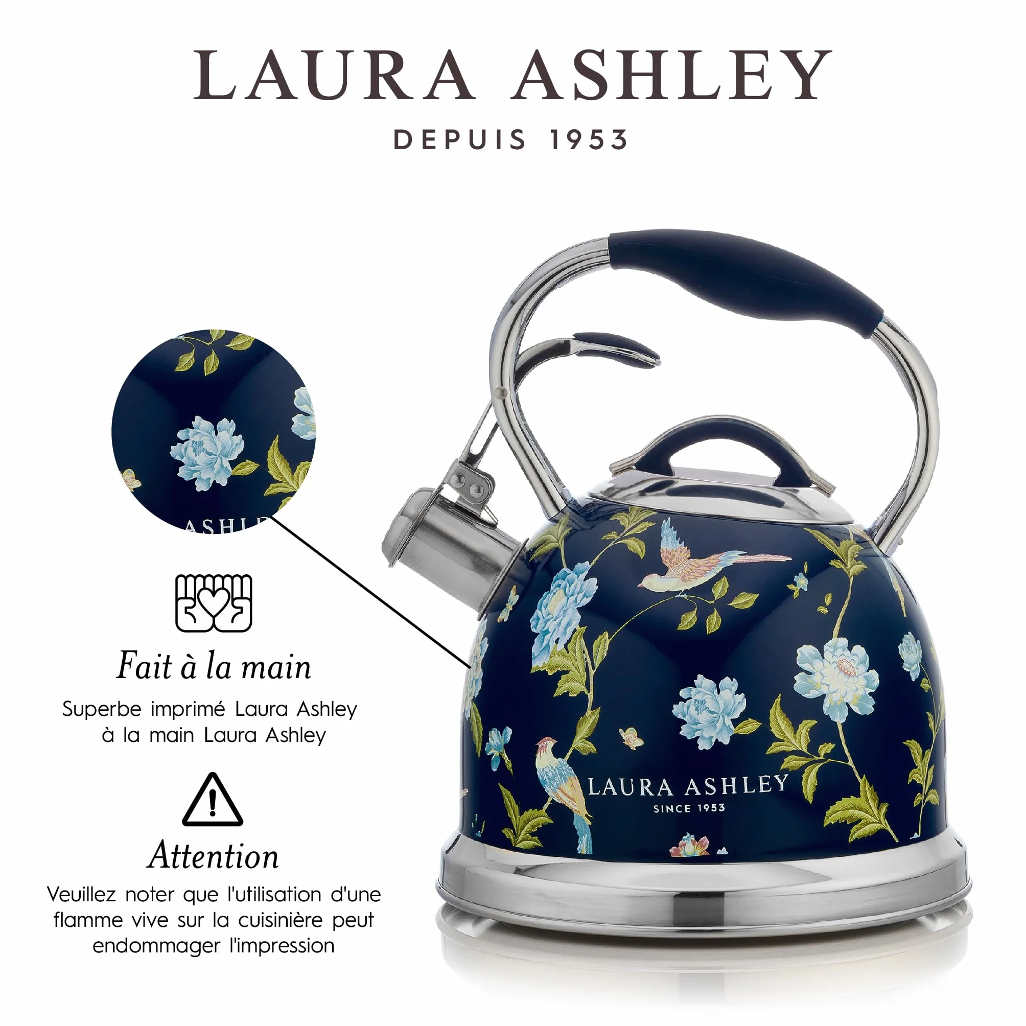 Laura Ashley VQ Bouilloire Sifflante Inox 2,5 L Grille-Pain 4 Tranches Décongélation Réchauffage Elveden Bleu