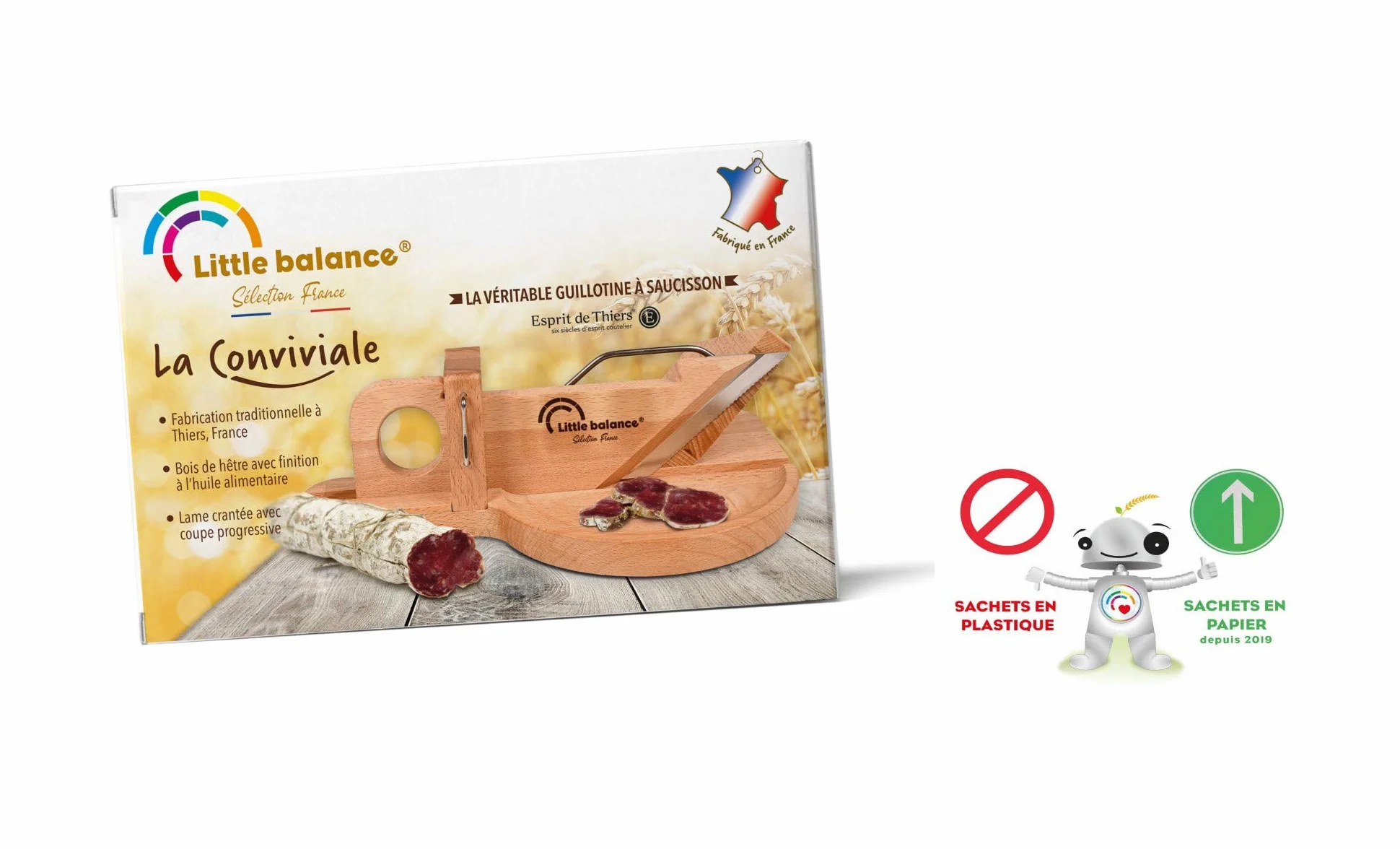 Guillotine à saucisson La Conviviale Little balance 8422 Lame inox Esprit de Thiers Bois Hêtre