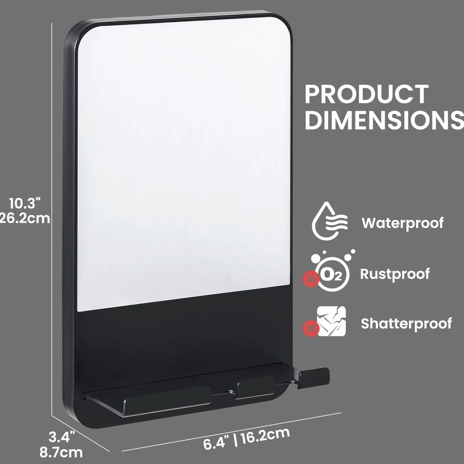 Miroir de Douche Antibuée sans Perçage avec Maintien du Rasoir, Noir