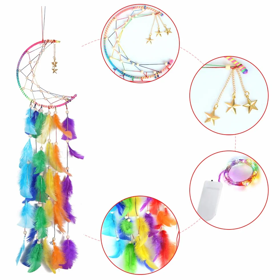 Attrape de Rêves LED Lumineux Fait Main Plume Tapisserie Bohémien Décoration Chambre Mur