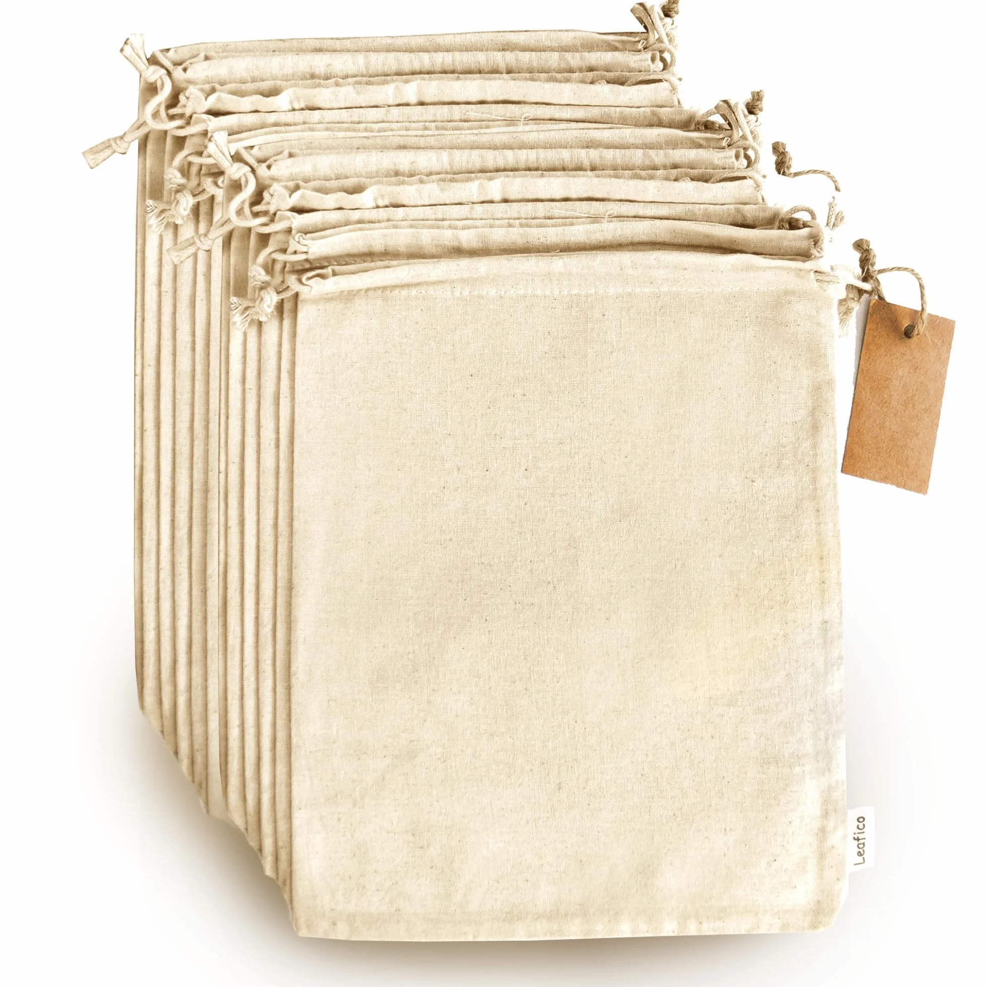 LEAFICO Sacs Réutilisables en Coton Taille Moyen 20x25 cm Lot de 12 avec Cordon