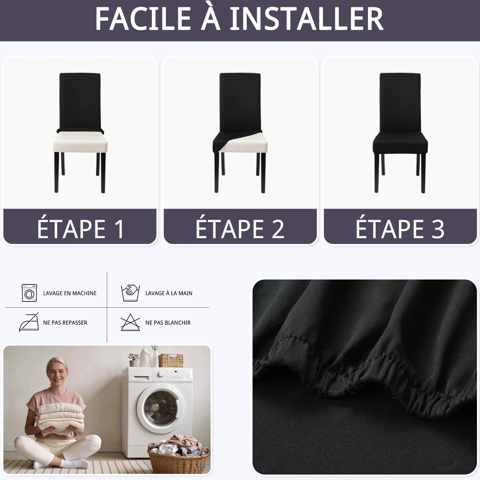 GFCC Housse de Chaise Lot de 2 Extensible, Bande Élastique, Recouvre Chaises Noir