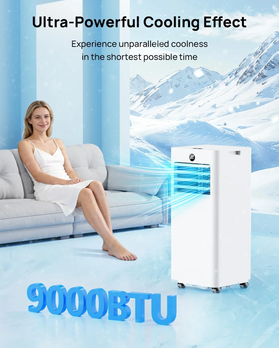 Climatiseur Mobile 9000 BTU Silencieux avec Télécommande 4-en-1 Refroidissement Ventilation Déshumidification