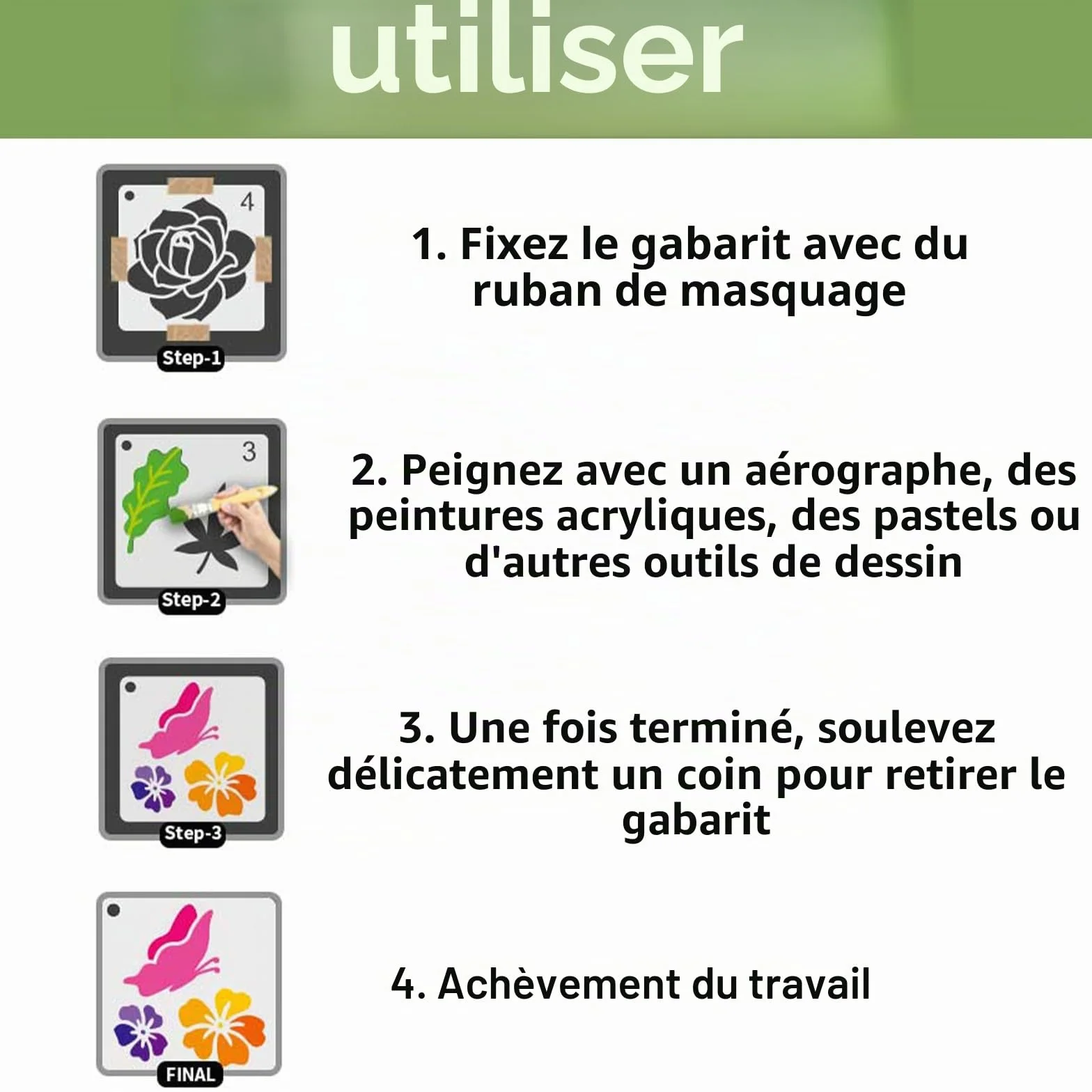 Lot de 64 pochoirs réutilisables 7,6 x 7,6 cm pour peinture plastique bricolage motifs fleurs feuilles