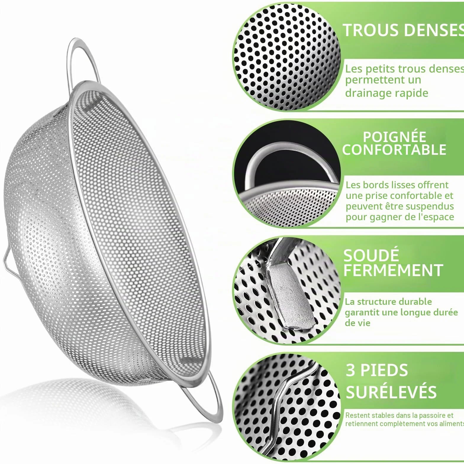 Passoires en Acier Inox Microperforée 16/22/28 cm Set de 3