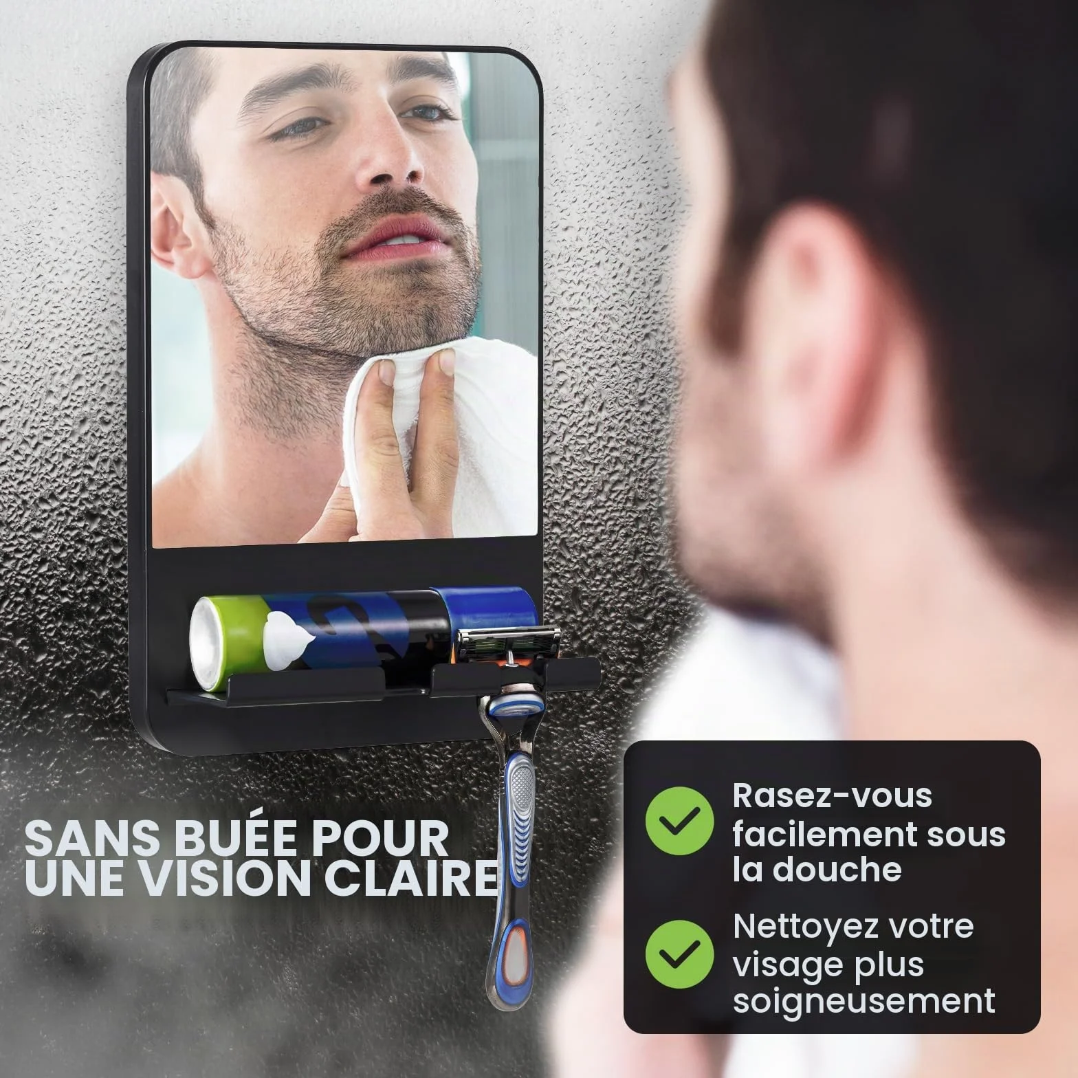 Miroir de Douche Antibuée sans Perçage avec Maintien du Rasoir, Noir