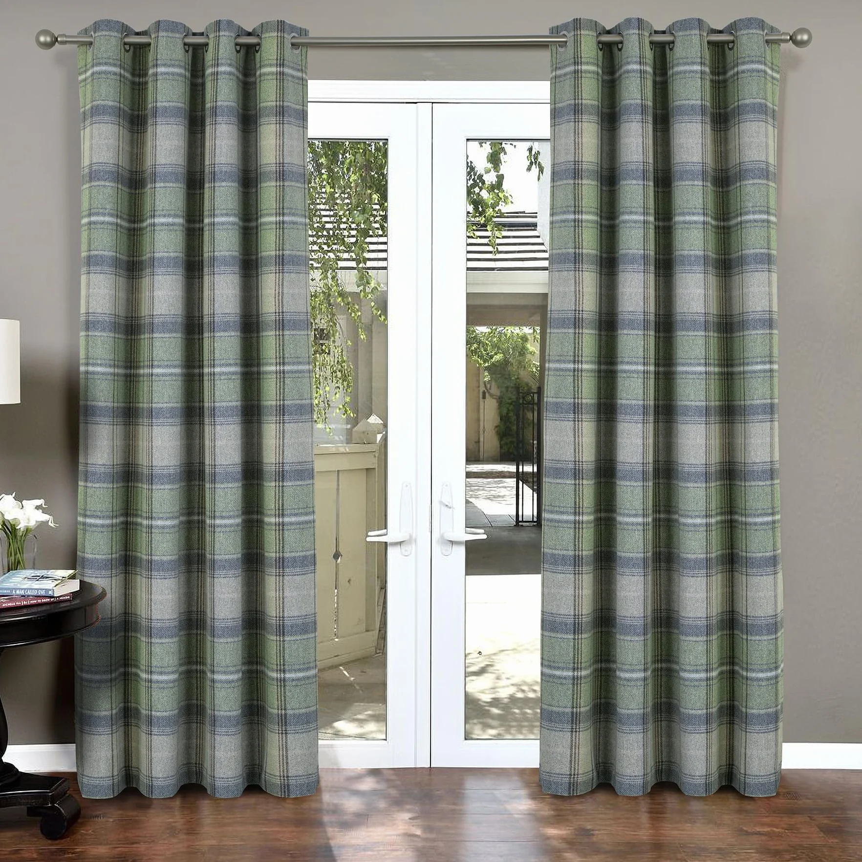 always4u Rideaux occultants œillets 117 x 183 cm Vert Tartan brossé Laine Highland