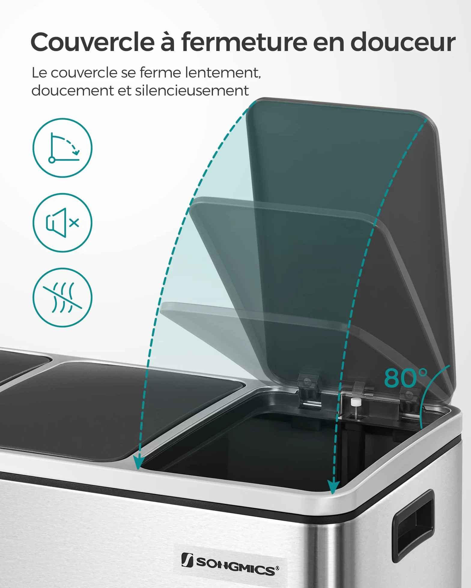 SONGMICS Poubelle Cuisine 3x18L Tri Compartiments Acier Argent Métallique Noir LTB54NL