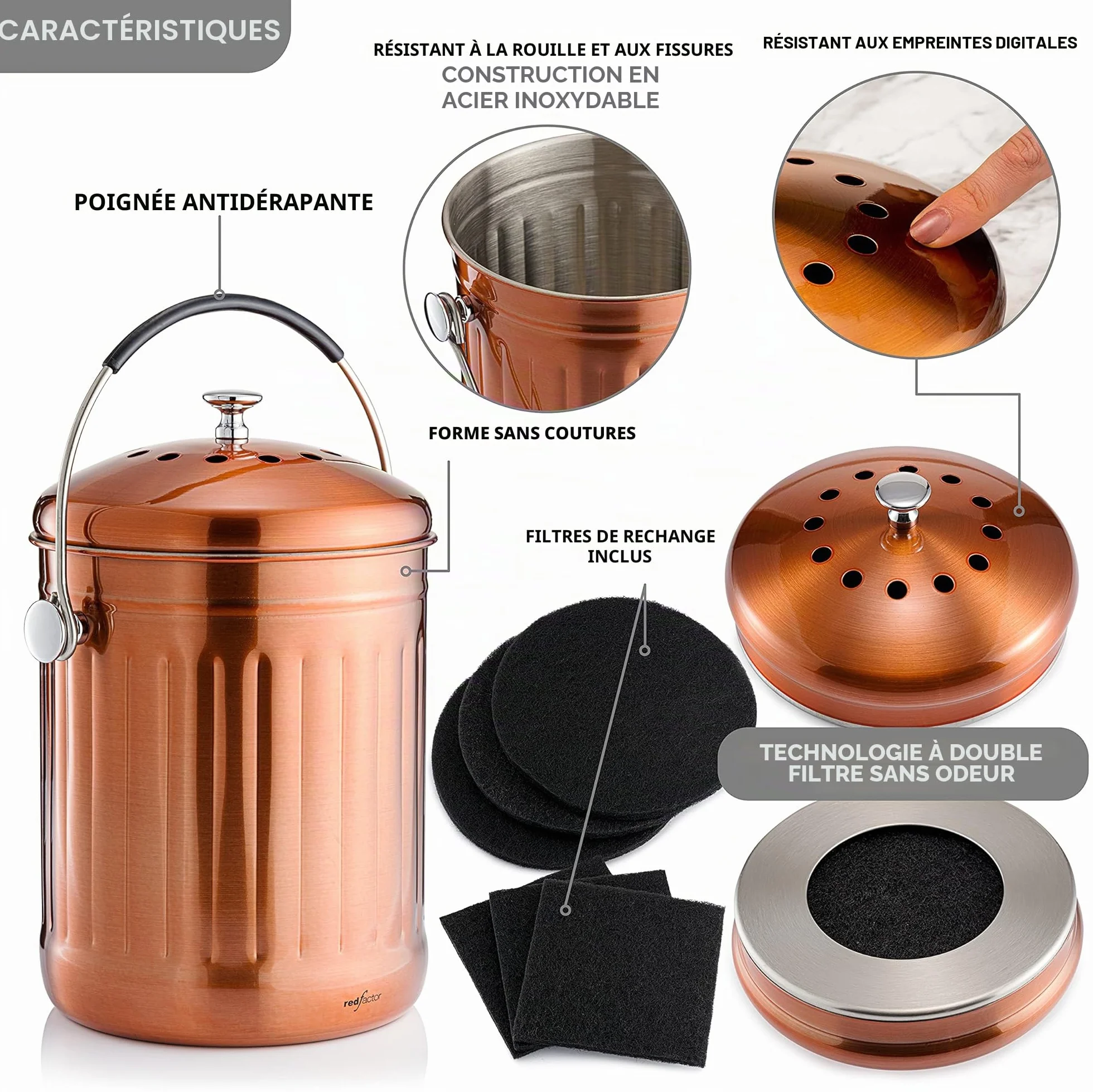 RED FACTOR Seau Compost Inodore Acier Inoxydable Cuisine 5 Litres Cuivre Mat avec Filtres Charbon