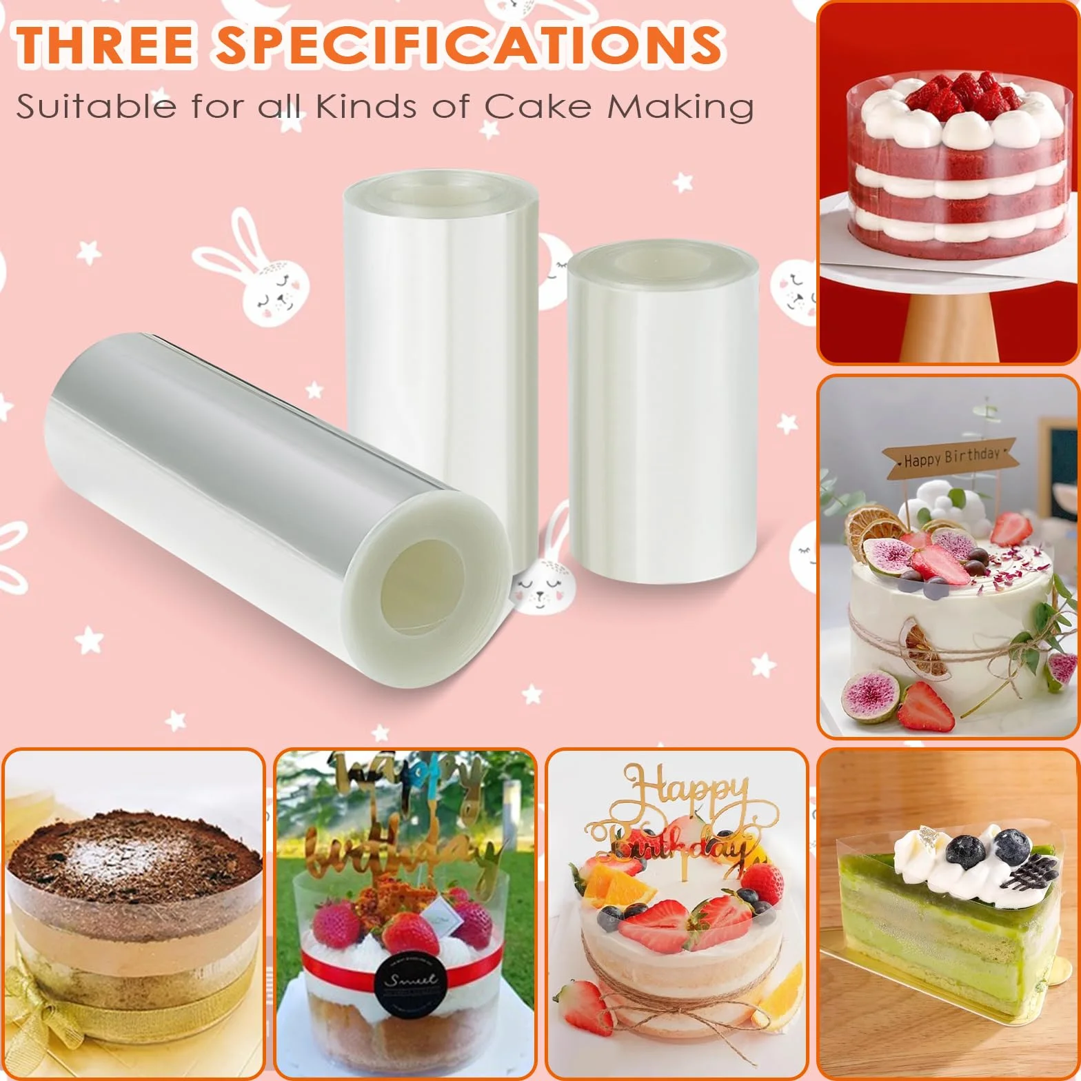 Rhodoid Patisserie 3 Rouleaux Transparent 8cm/10cm/15cmx10m Feuille Film Acétate Gâteau Réutilisable