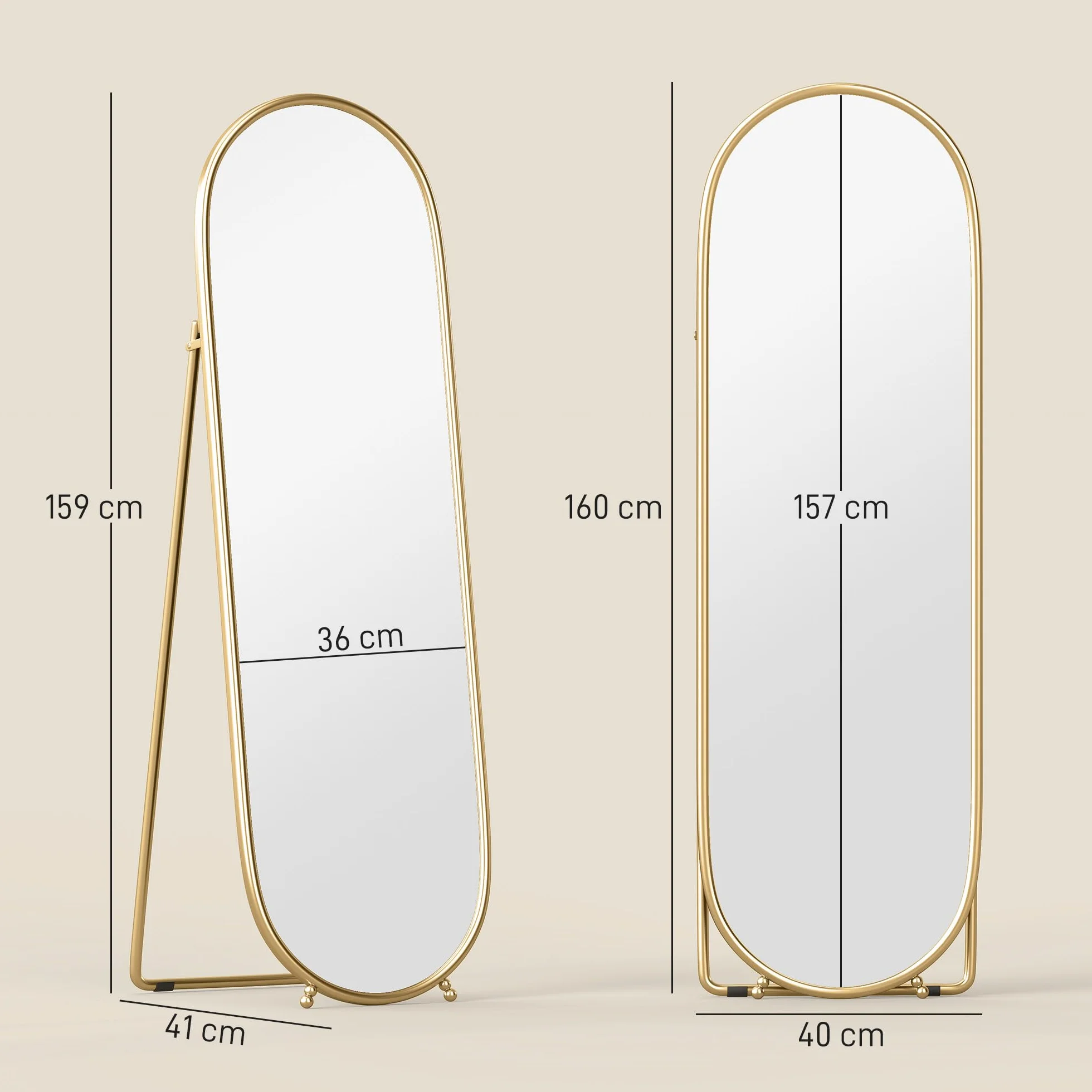HOMCOM Grand Miroir sur Pied Ovale Cadre en métal doré 40 x 160 cm