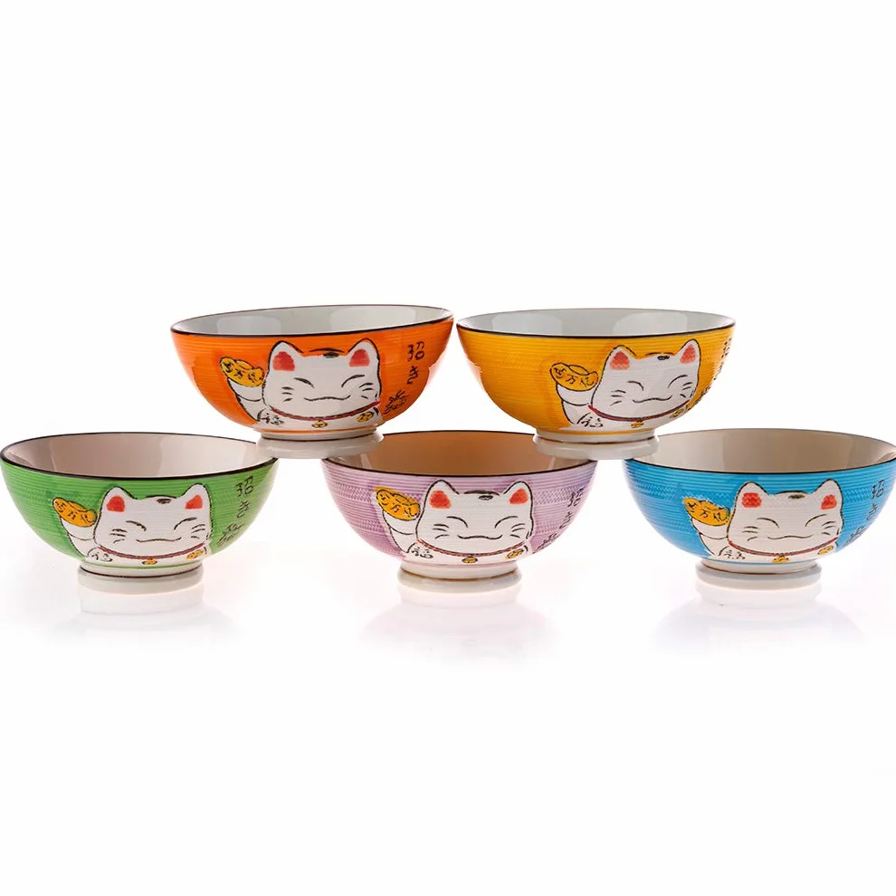 lachineuse Coffret Bols Japonais Design Maneki Neko 5 Bols à Riz Traditionnels Ø 11,5 cm 275 ML