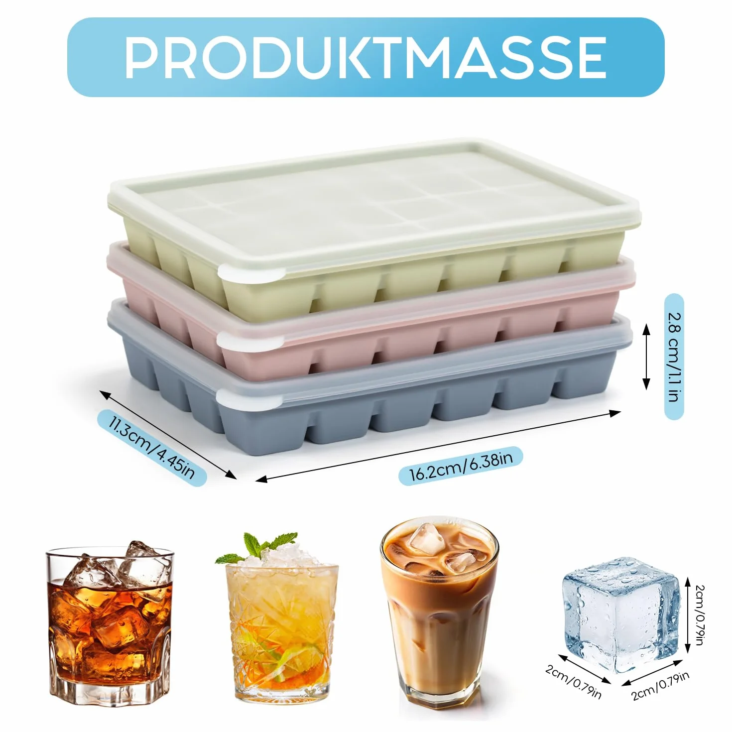 Lot de 3 bacs à glaçons carrés en silicone avec couvercle 24 compartiments Sans BPA
