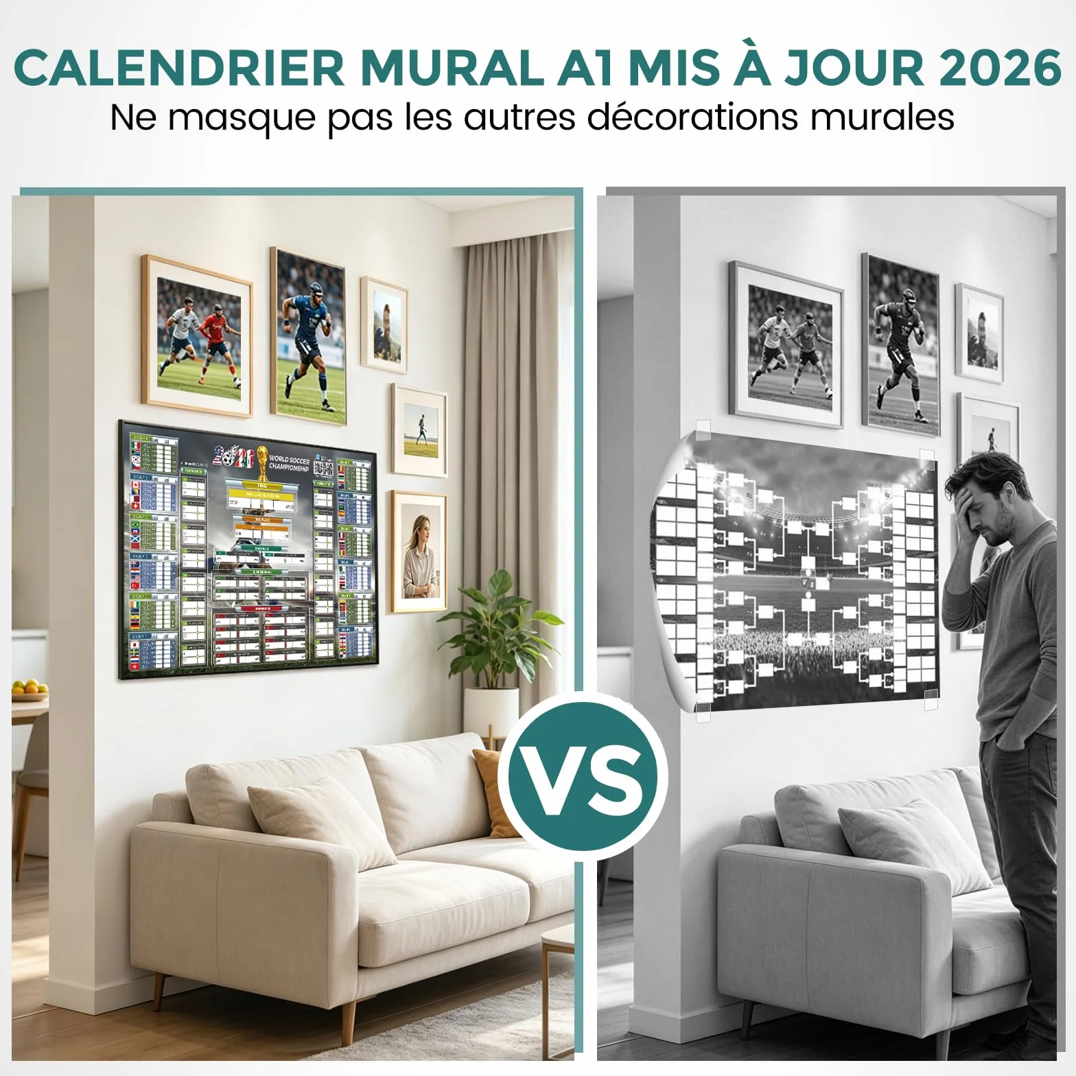 Calendrier Coupe du Monde 2026 QR code scores en direct 84.1x59.4 cm grand format police large Cadeau Fête des Pères