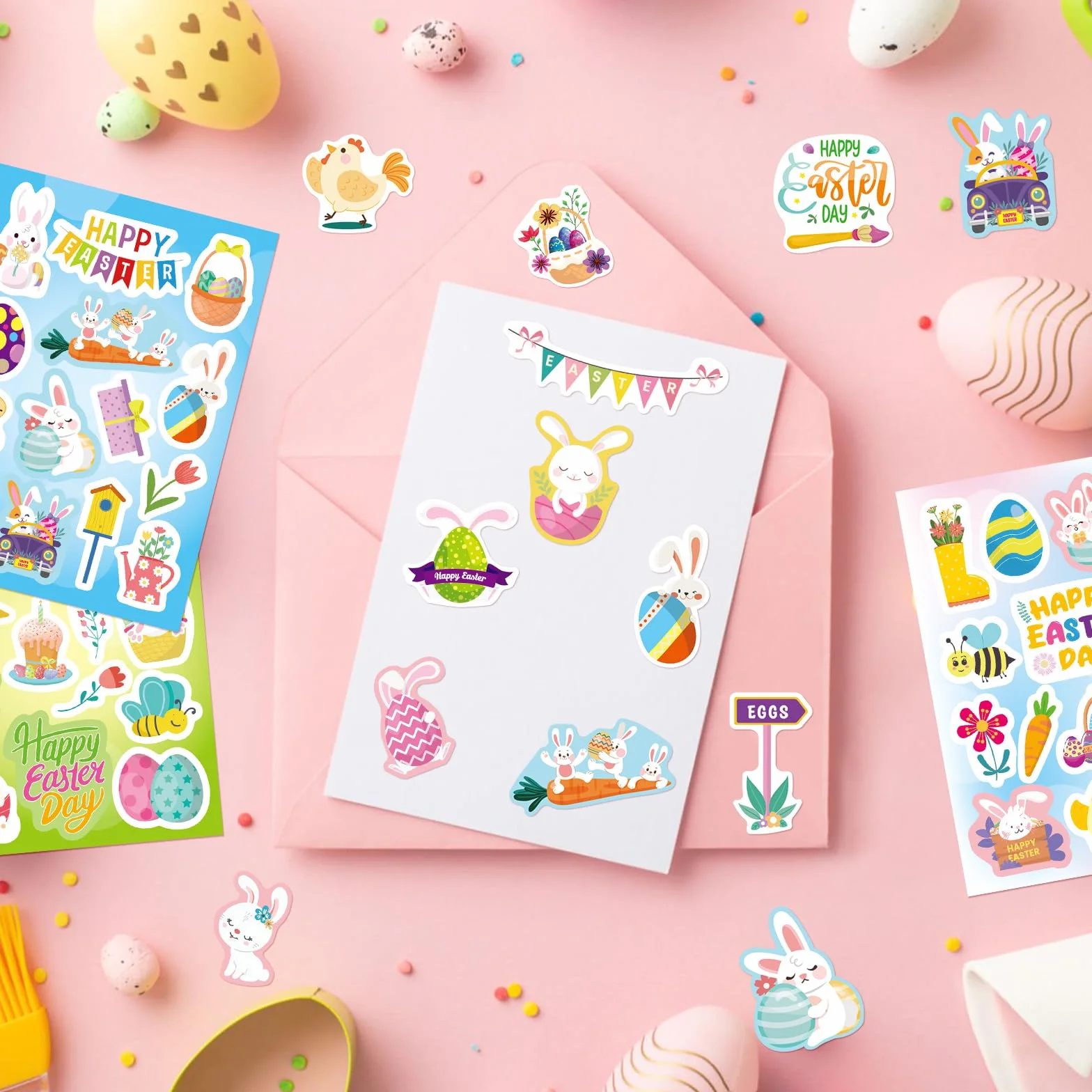 Autocollants Pâques 24 Feuilles 342Pcs Gommette Œuf Lapin Carottes Panier Cartes Enveloppes Scrapbooking Enfants Fournitures Fête