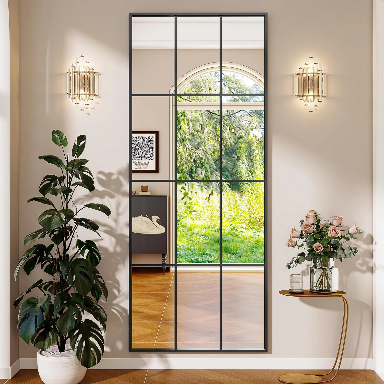 Koonmi Miroir Fenêtre 60 x 165 cm Rectangulaire Grille Décorative Corps Plein Cadre Métal Suspendu Entrée Salon Noir