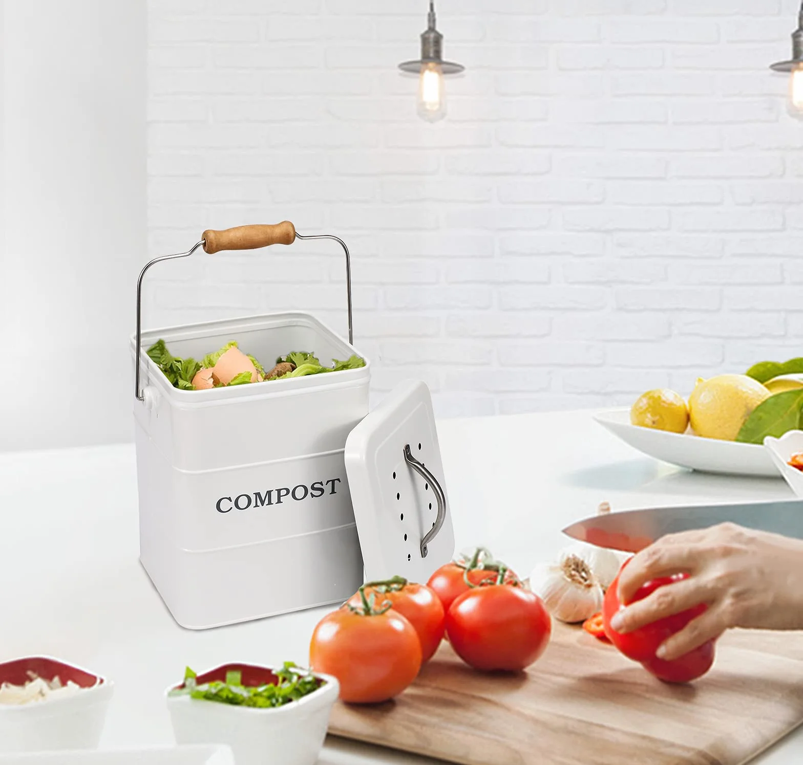 Poubelle à Compost en Acier au Carbone 6 L avec Couvercle et Filtre à Charbon Blanc