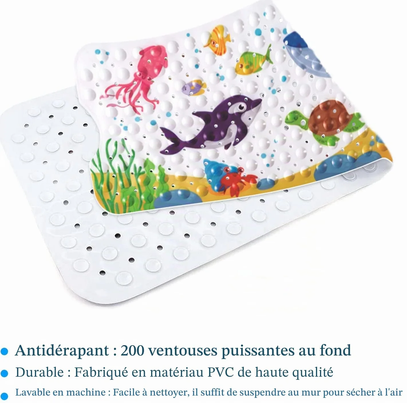 Tapis de Baignoire Antidérapant 100 x 40 cm avec Ventouse PVC Dessin Animé Animaux Marins Enfants