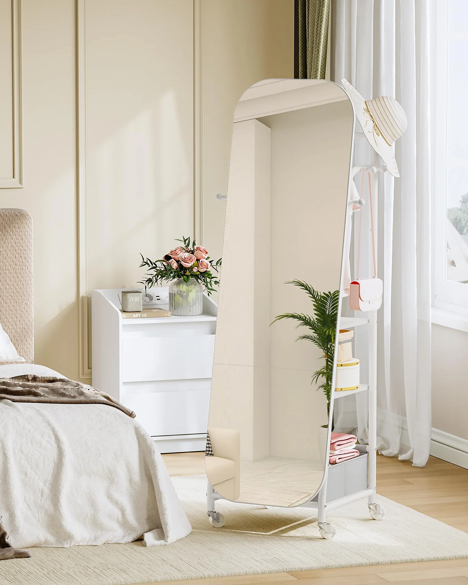 Miroir sur pied avec Porte-Manteau 50x165,8 cm Roues Pivotantes 360° Blanc