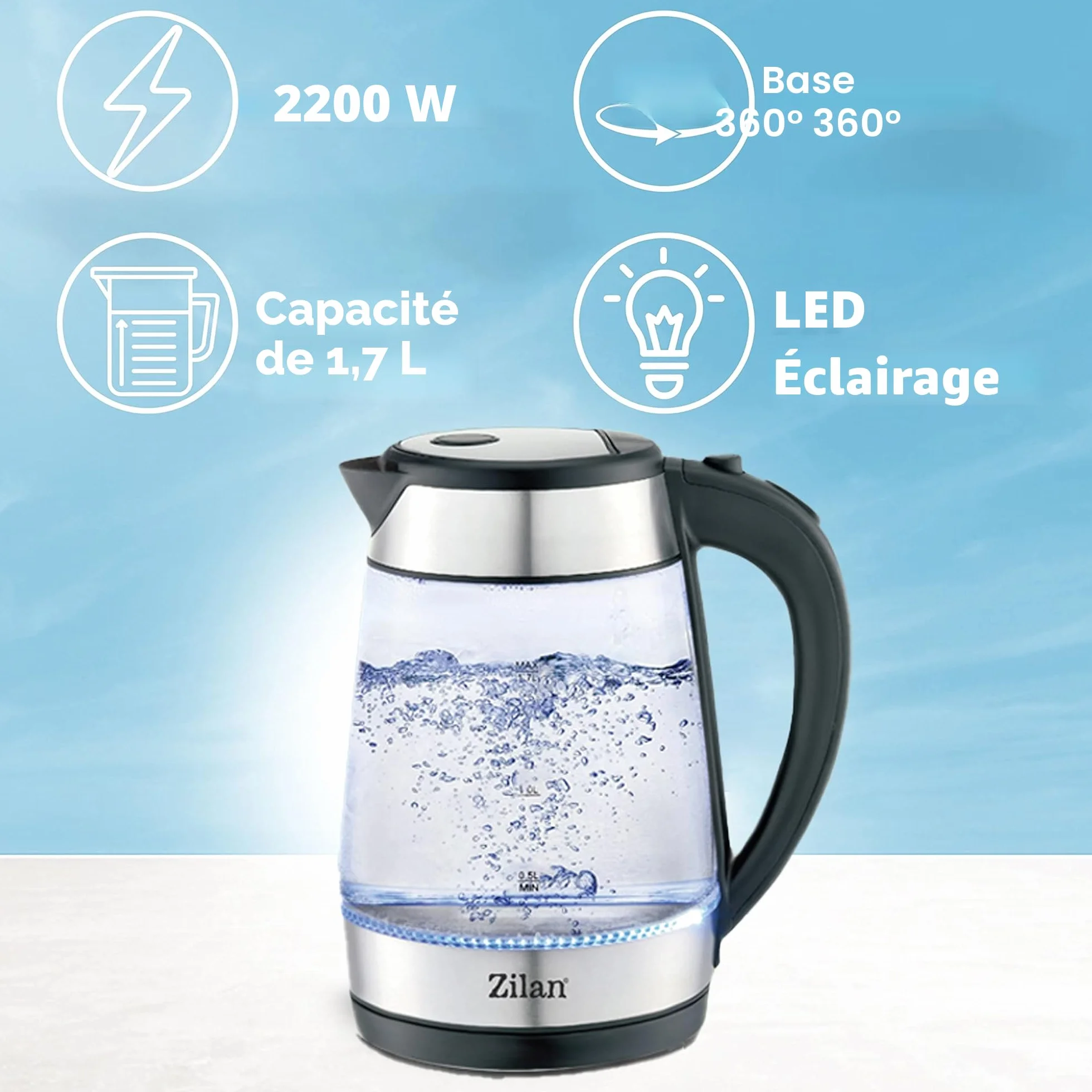 Bouilloire en verre et acier inoxydable 2200W 1,7L Éclairage LED bleu 360° Filtre anti-calcaire Sans BPA