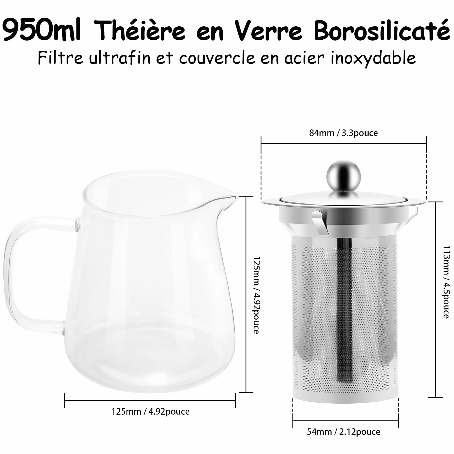 Théière en Verre Borosilicate 950ml avec Infuseur Acier Inoxydable 304 pour Thé en Vrac