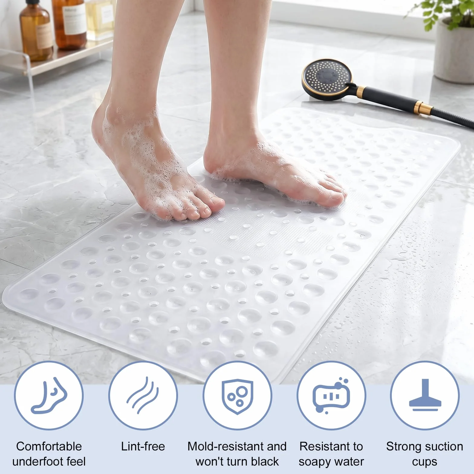 Tapis de Baignoire Antidérapant 92x40cm Silicone avec Ventouses Puissantes sans BPA Lavable en Machine