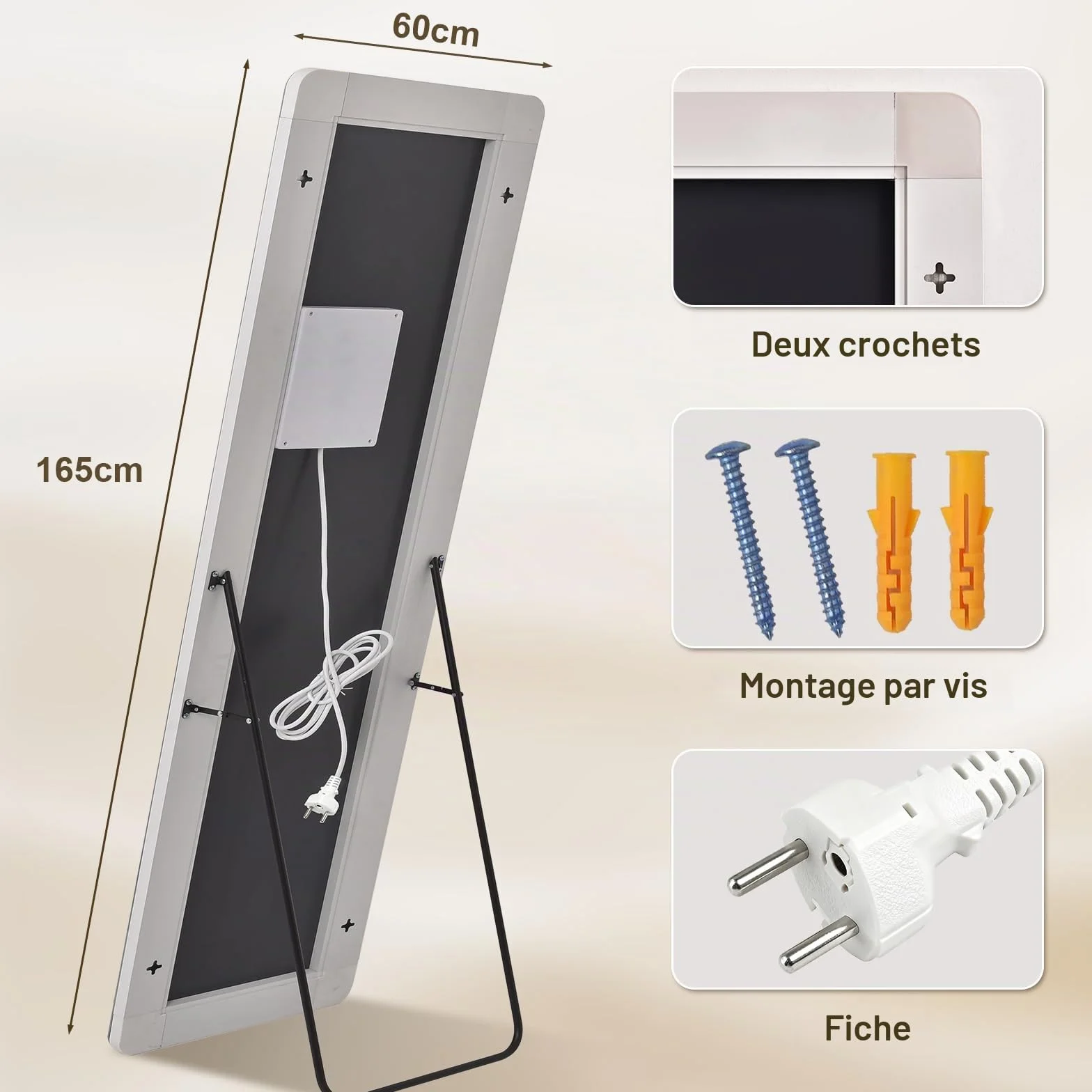Miroir Pleine Longueur 164 x 60 cm avec éclairage LED, Verre de sécurité, Variateur d'intensité, Miroir sur Pied