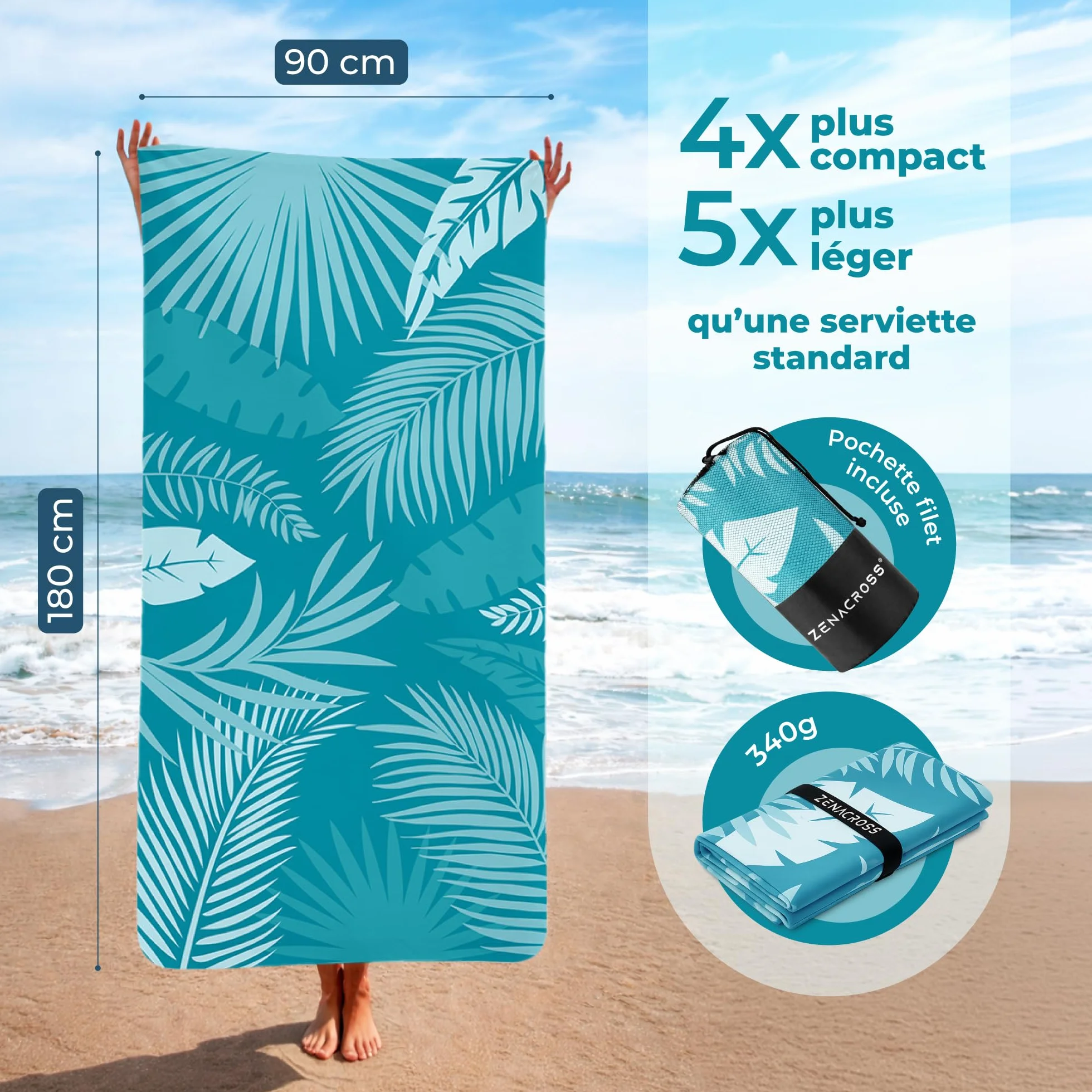 Bora Serviette de Plage 90x180 cm Microfibre Anti-Sable Séchage Rapide