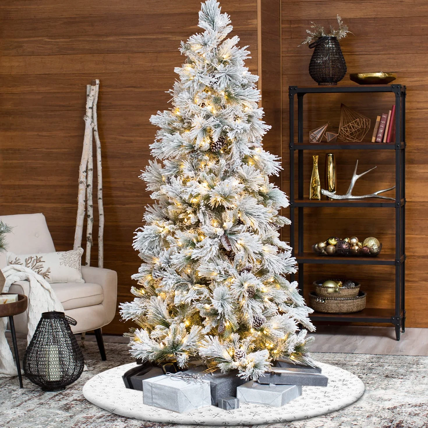Jupe de Sapin de Noël 120cm, Tapis de Sapin de Noel, Grande Flocon de Neige Argent Cache Pied, Couvre-Pied d'arbre