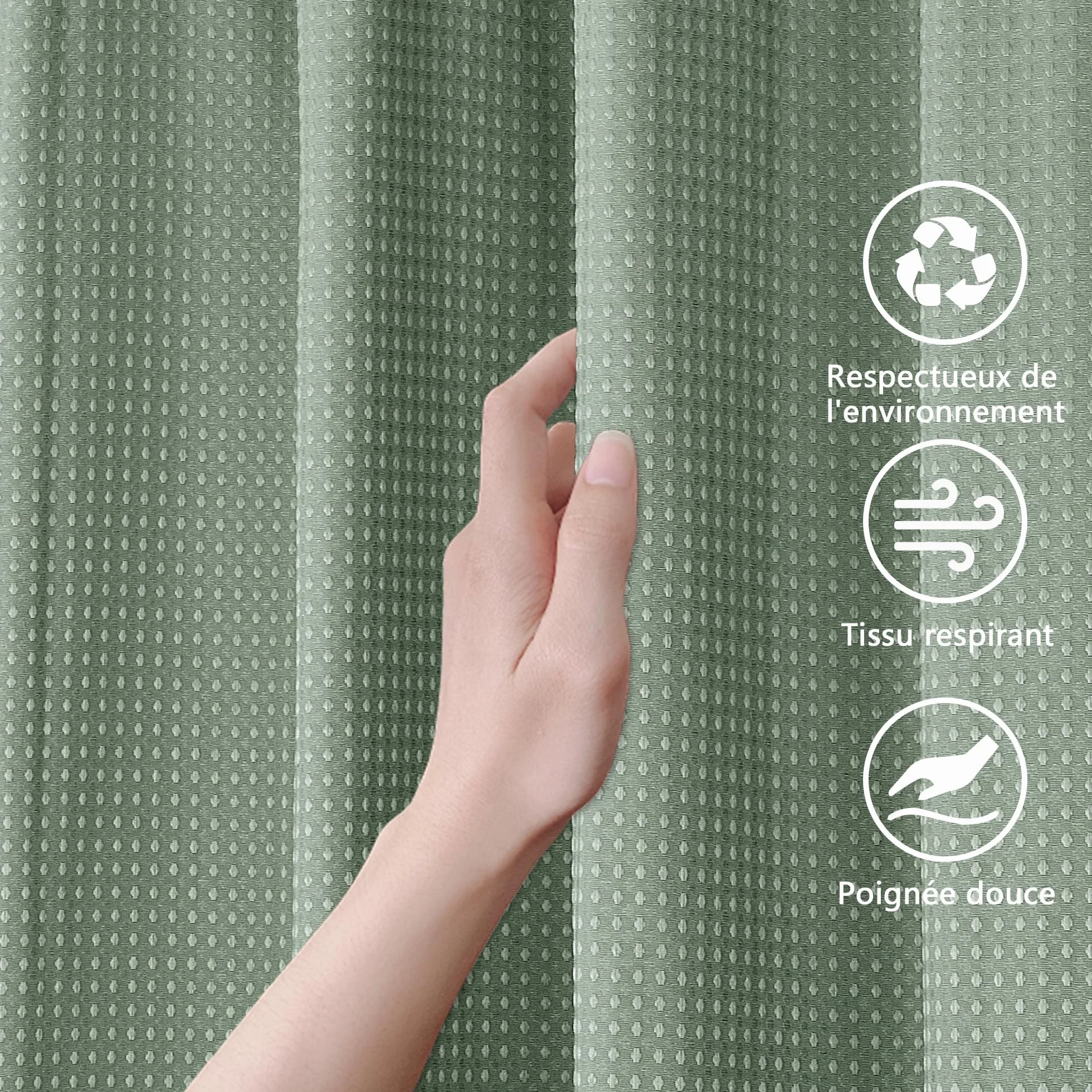 Rideau de Douche en Tissu Polyester Lavable en Machine Imperméable 183 x 183 cm avec 12 Crochets Vert