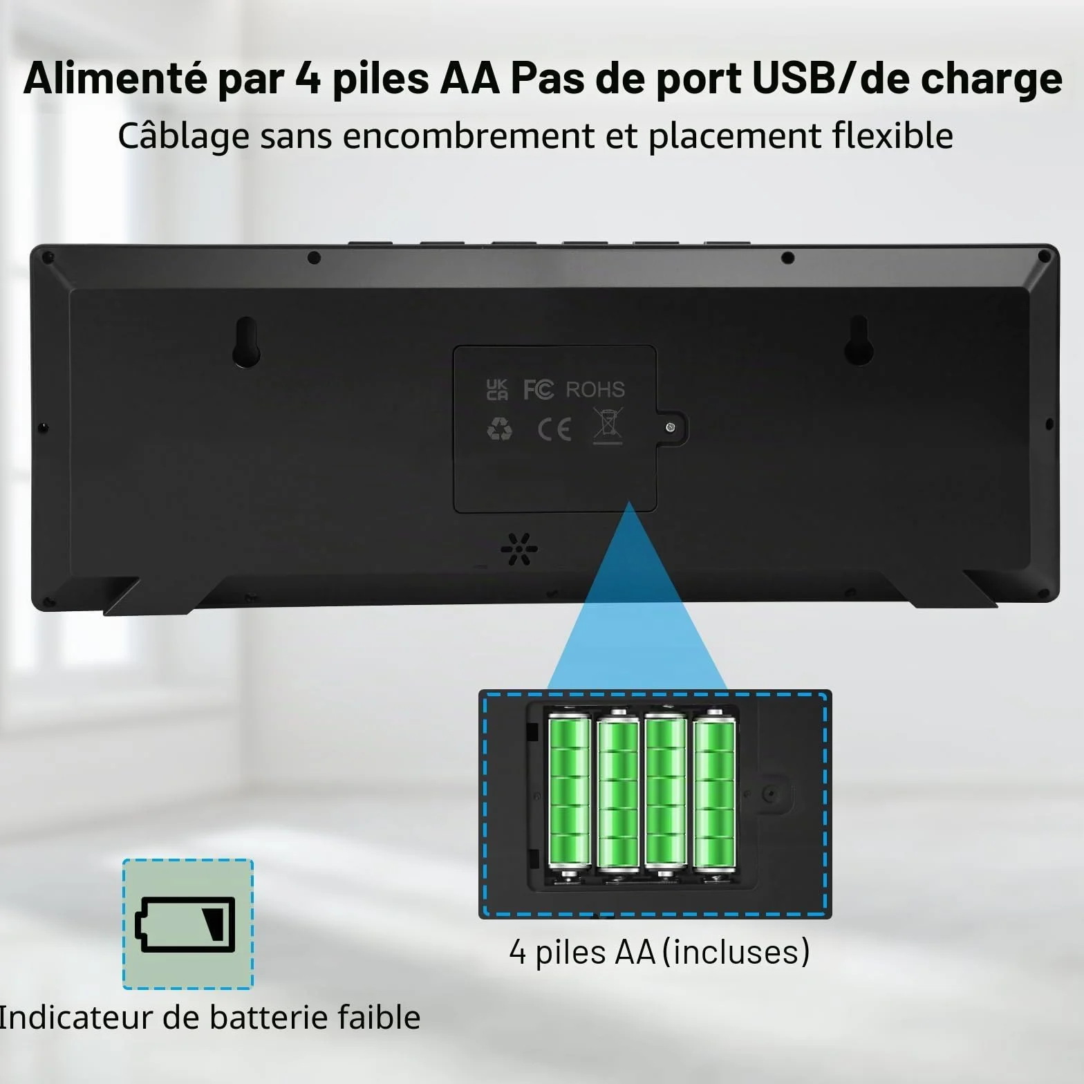 XREXS Horloge Murale Numérique 14,5 Pouces Heure Calendrier Température DST Piles Noir