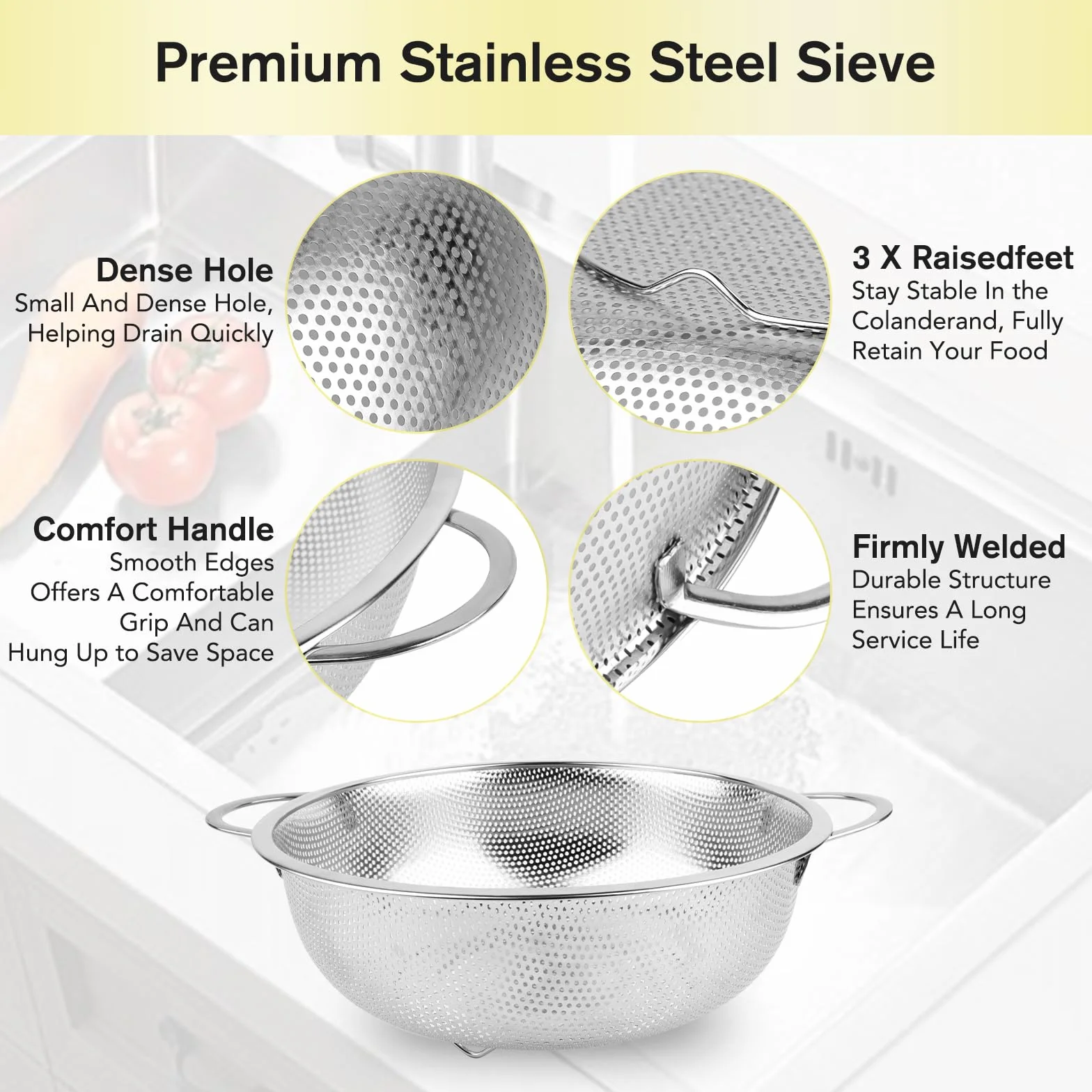Passoire Cuisine Inox Poignées Tamis Micro Perforée Crépine Mailles Fines Polie Brillante Métal Pour Pâtes Fruits Légumes