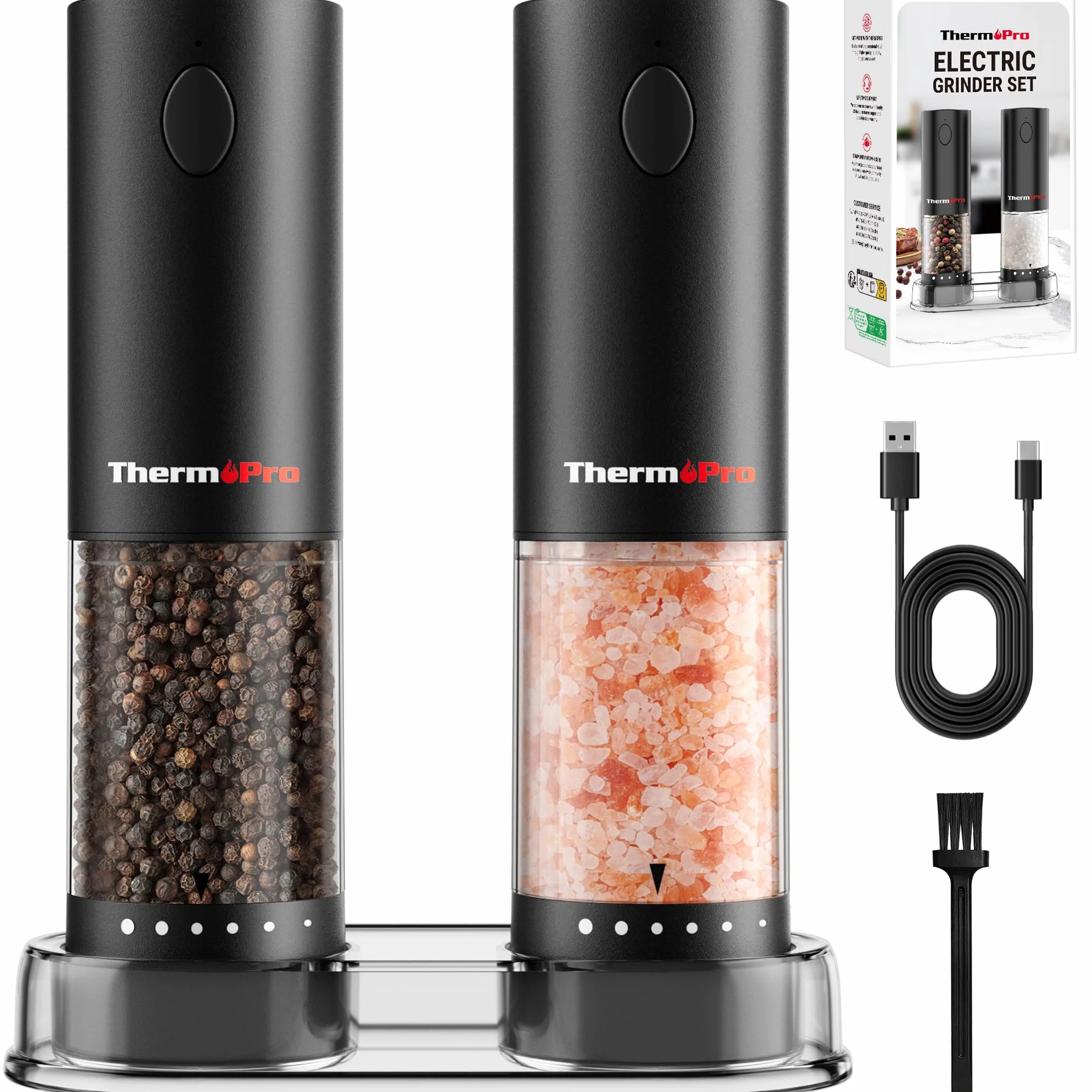 ThermoPro Ensemble de moulins à sel et à poivre électriques rechargeables 110ml avec réglage externe LED
