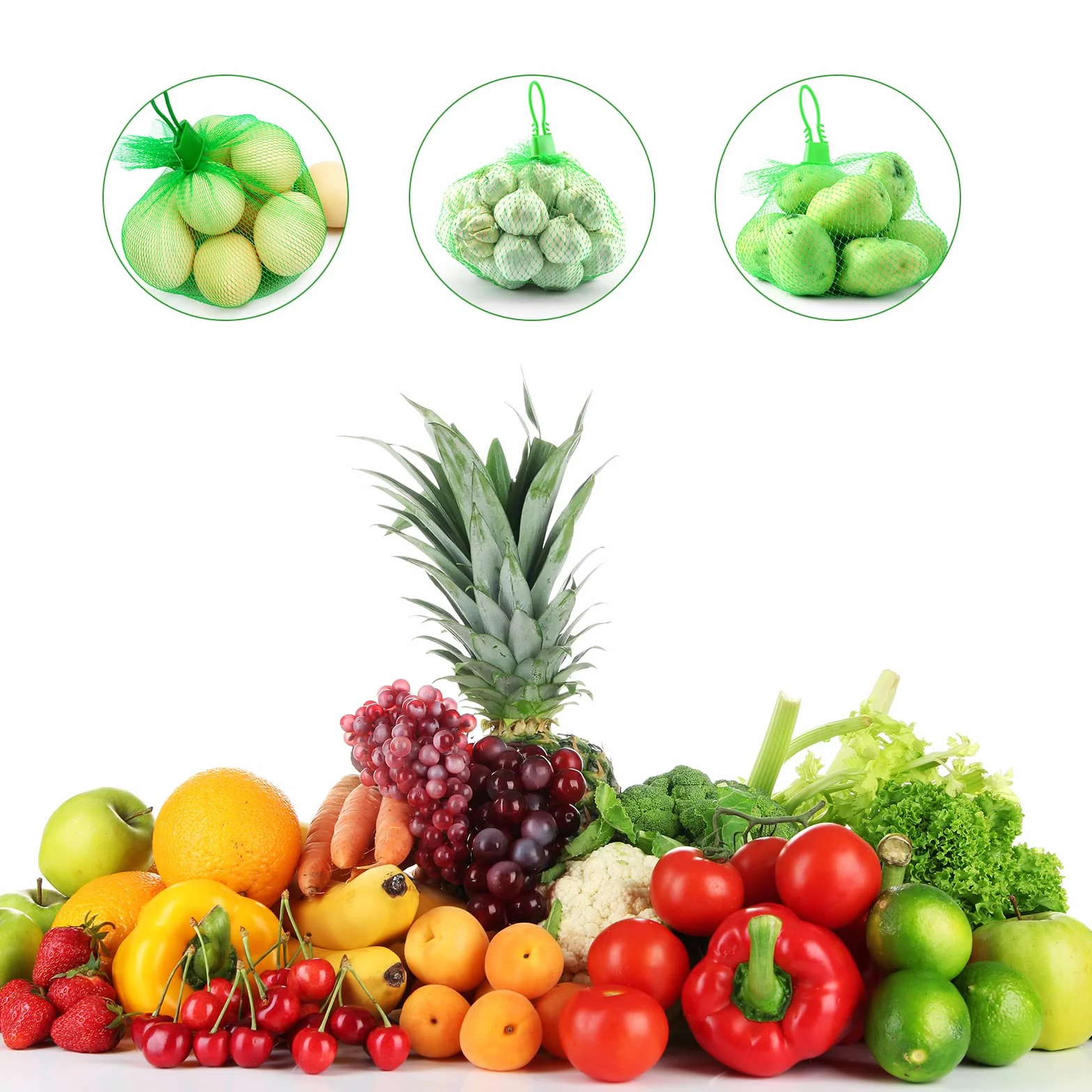 Lot de 100 sacs en filet réutilisables pour ranger les œufs, fruits et noix, vert