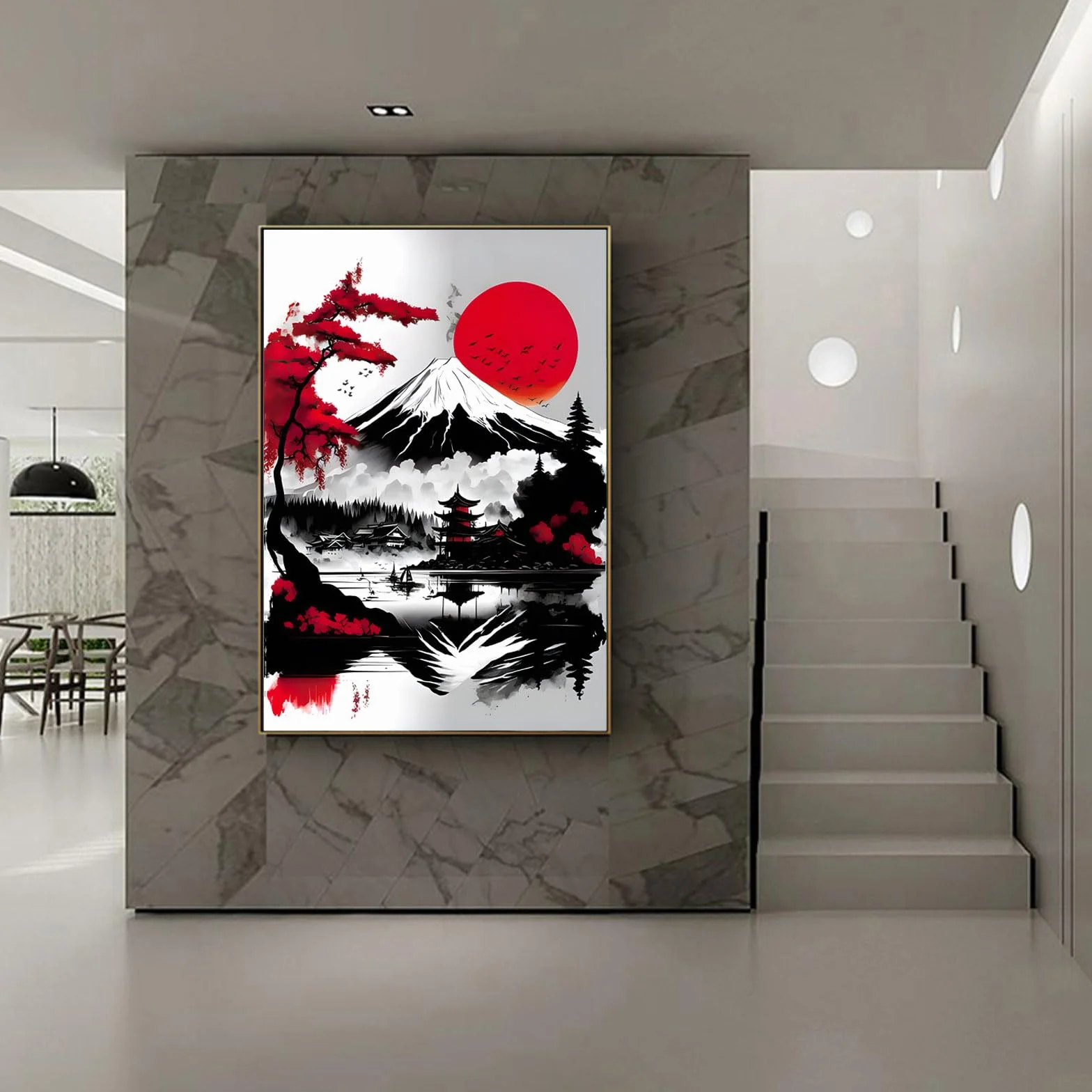 Poster de paysage japonais, temple japonais en automne noir et blanc, décoration murale sans cadre, 50 x 70 cm