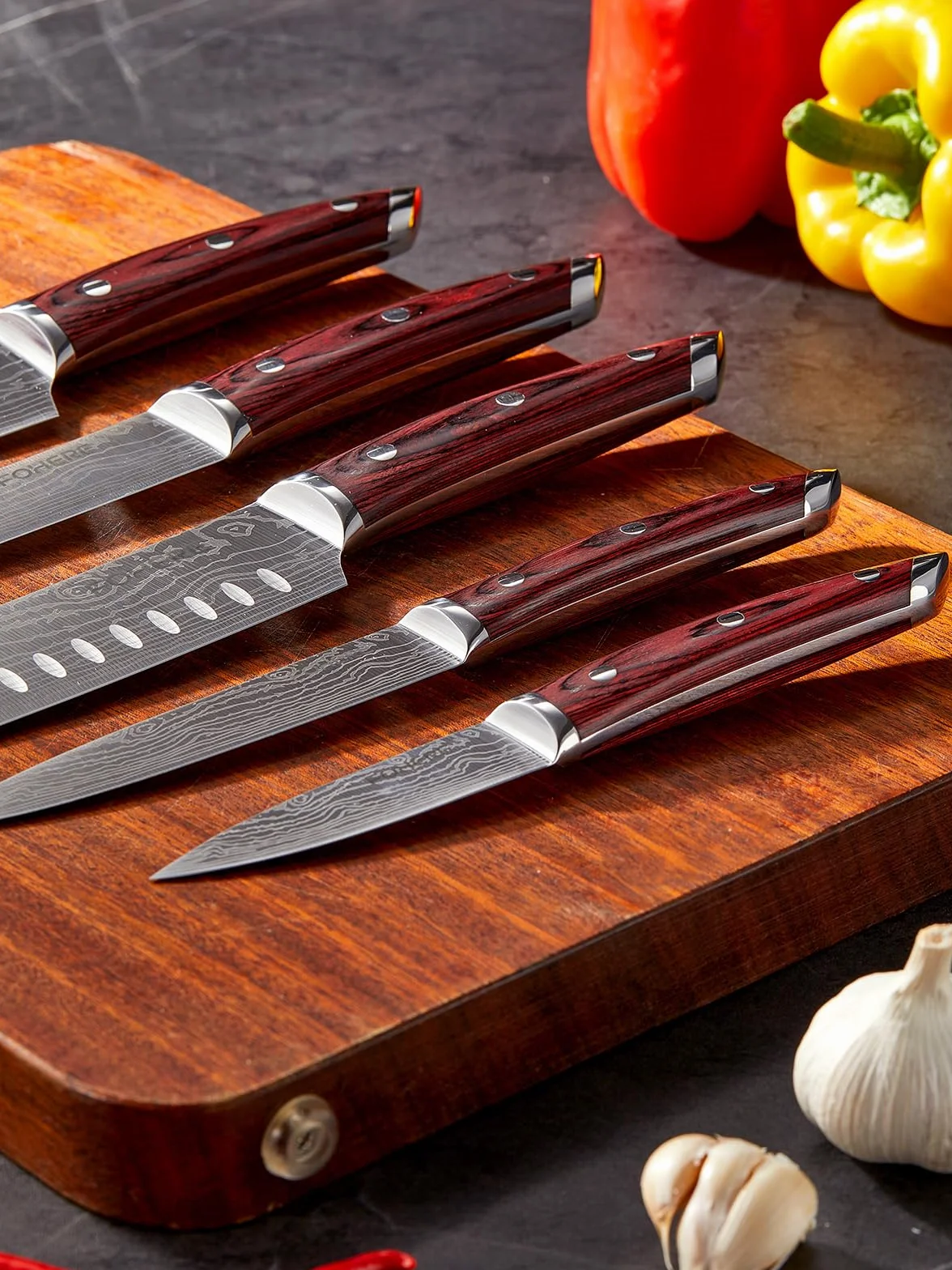 Couteau Cuisine FOHERE 5 Pièces Ensemble Acier Inoxydable Manche Bois Professionnel