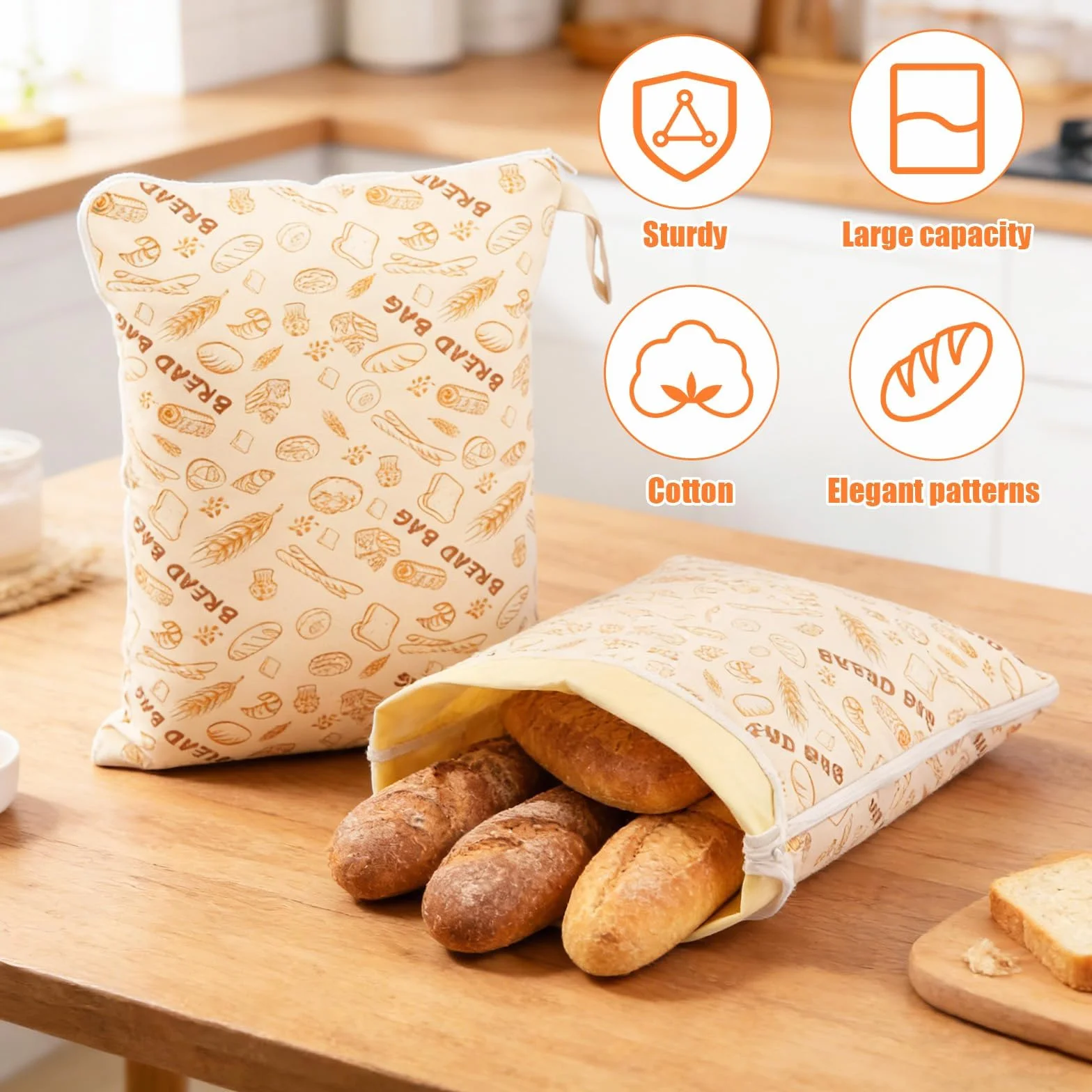 EHOTER Lot De 2 Sacs À Pain en Cire d'abeille Réutilisable Grand avec Poignée pour Baguette Fruits Légumes