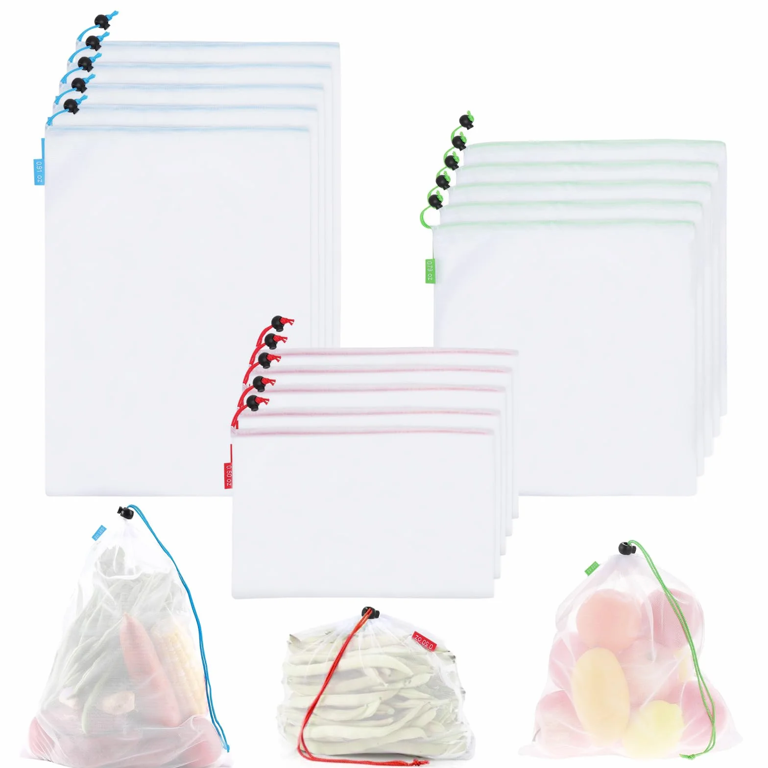 Sacs de Rangement réutilisables en Filet pour Fruits et Légumes avec Cordon de Serrage, 3 Tailles
