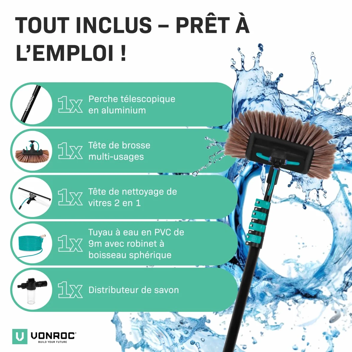 VONROC Brosse de Lavage Télescopique 6,5 m avec Arrivée Eau – Kit Complet 2 en 1 Nettoyage Panneaux Solaires, Vitres, Façades
