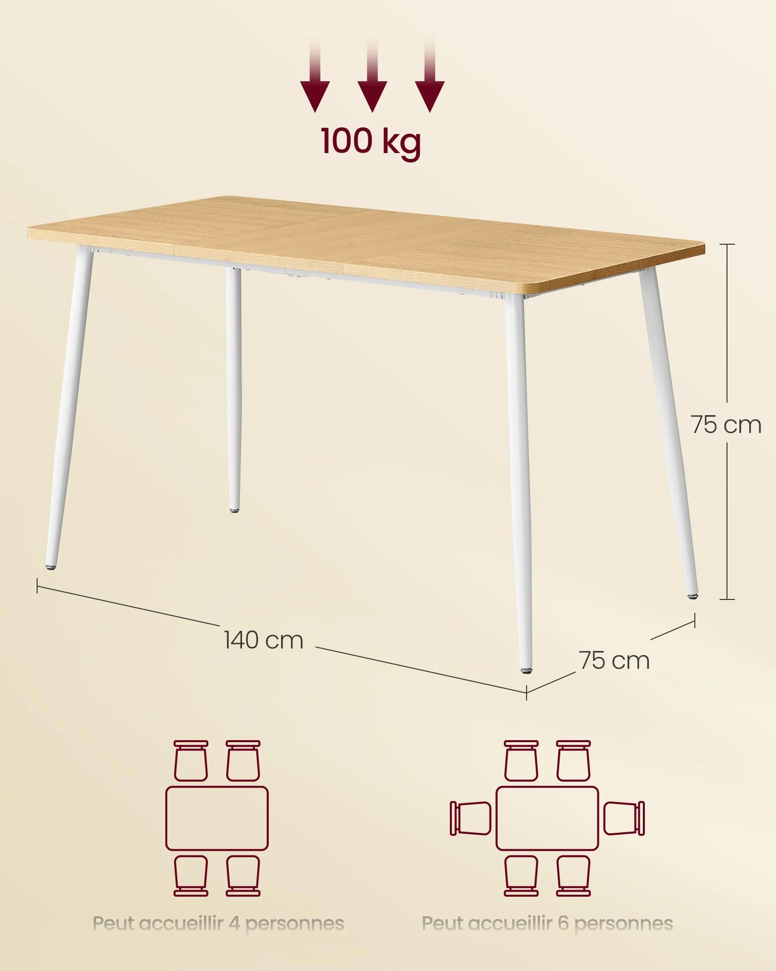 VASAGLE Table à Manger 75 x 140 x 75 cm Doré Chêne Blanc Nuage pour 4 à 6 Personnes