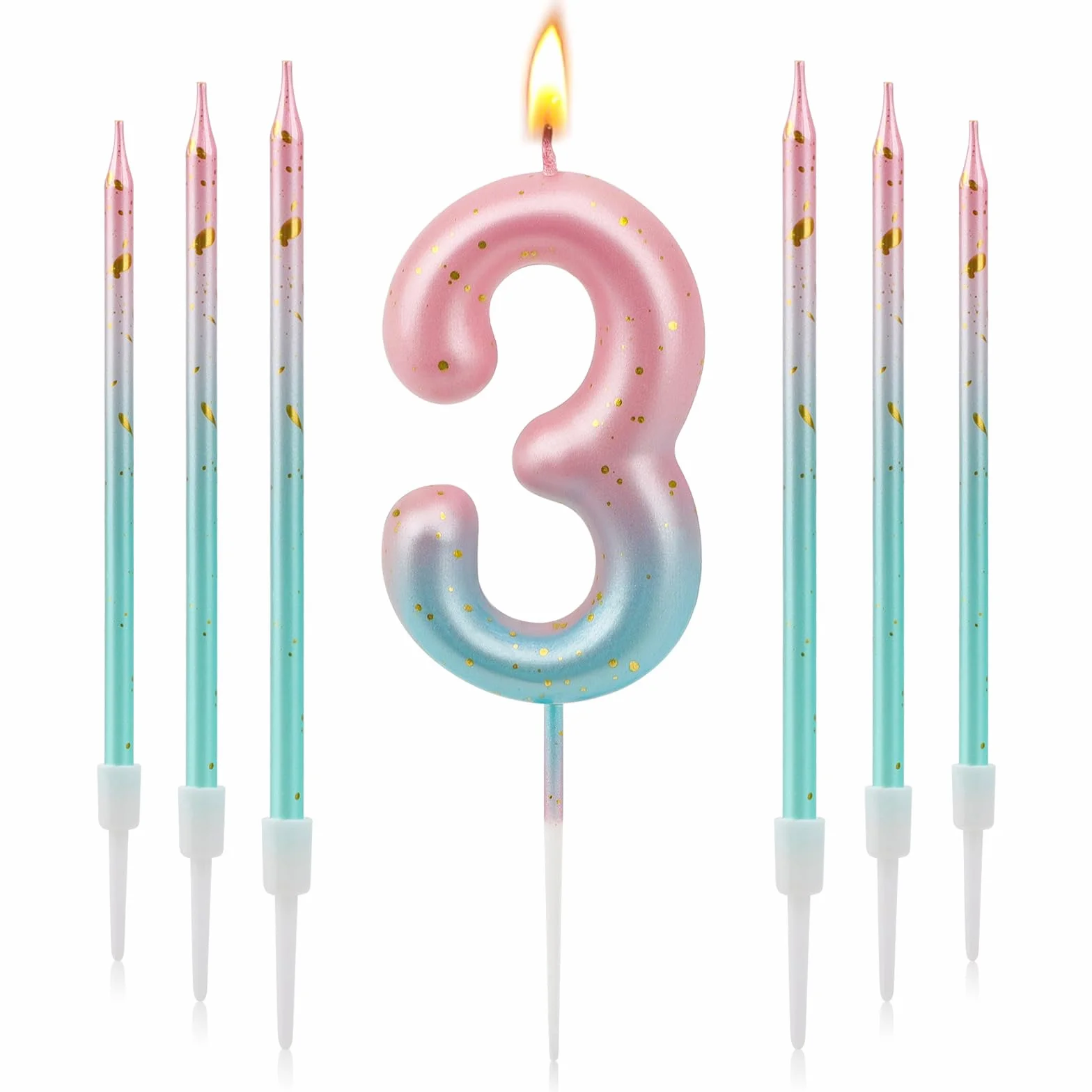 Bougie Anniversaire 3D Dégradé Bleu Rose Paillettes D'or Chiffre 3 Ans, Lot de 7