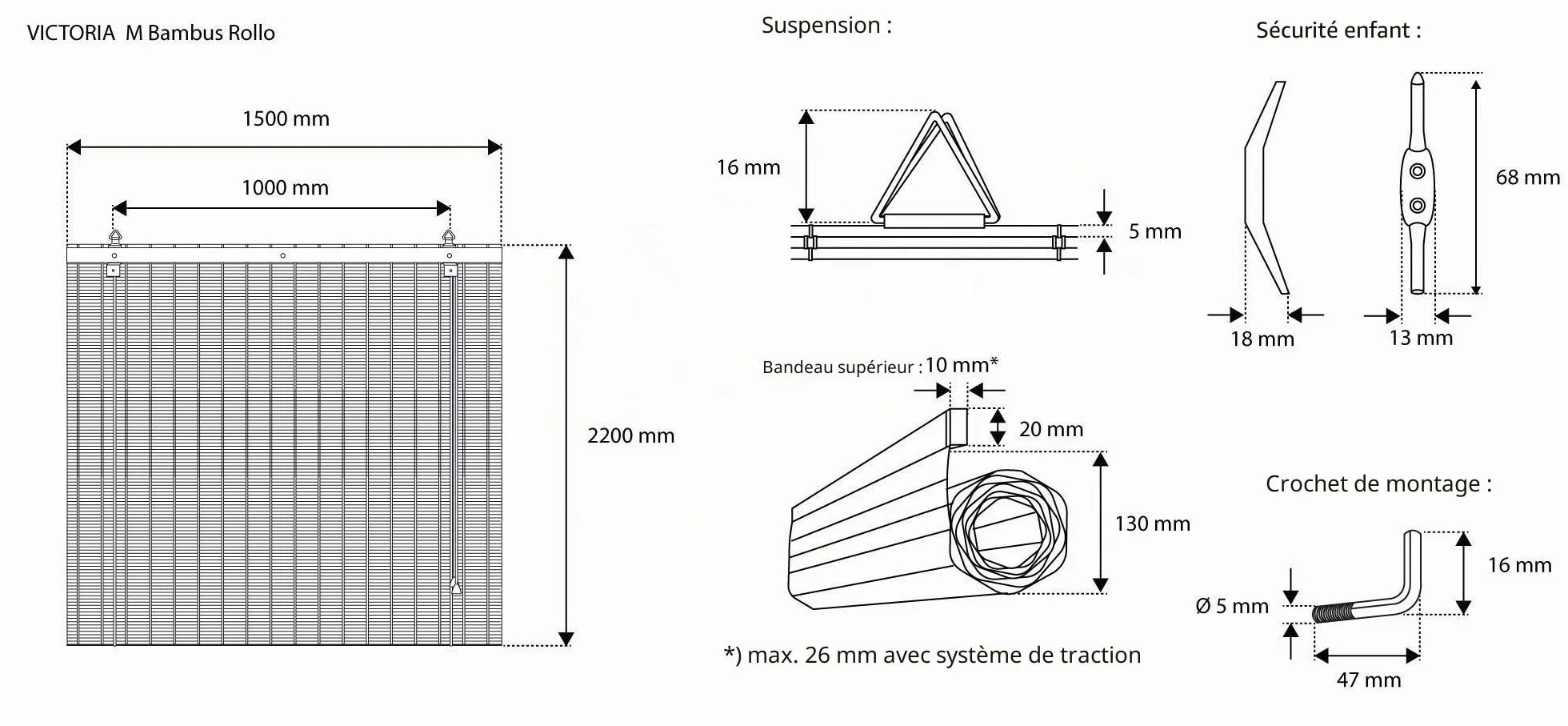 Store en Bambou Opaque à tirage latéral 150 x 220 cm Marron Protection Solaire
