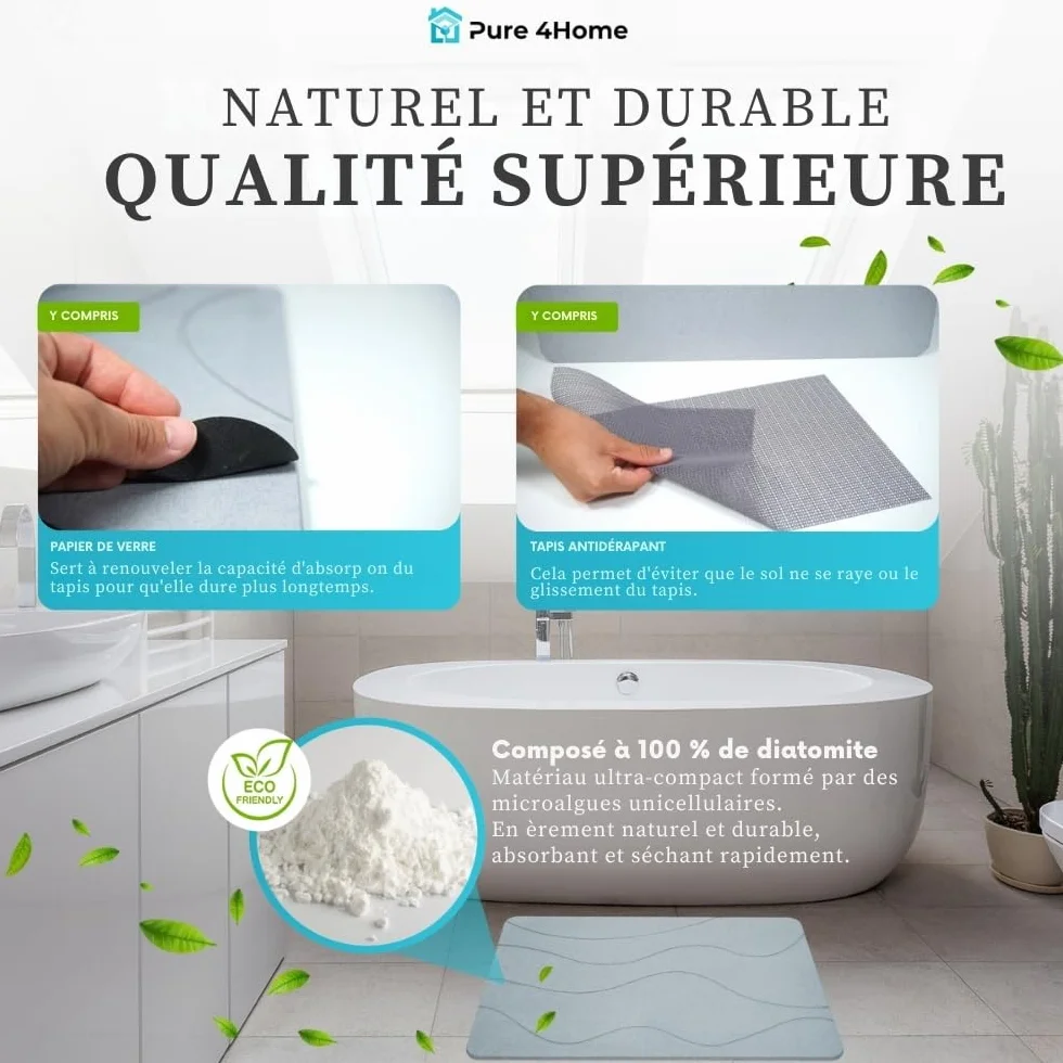 Tapis de Bain Diatomite Antidérapant 60 x 39 cm Pierre Naturelle Salle de Bain Diatomite Stone Bath Mat Waves Gray