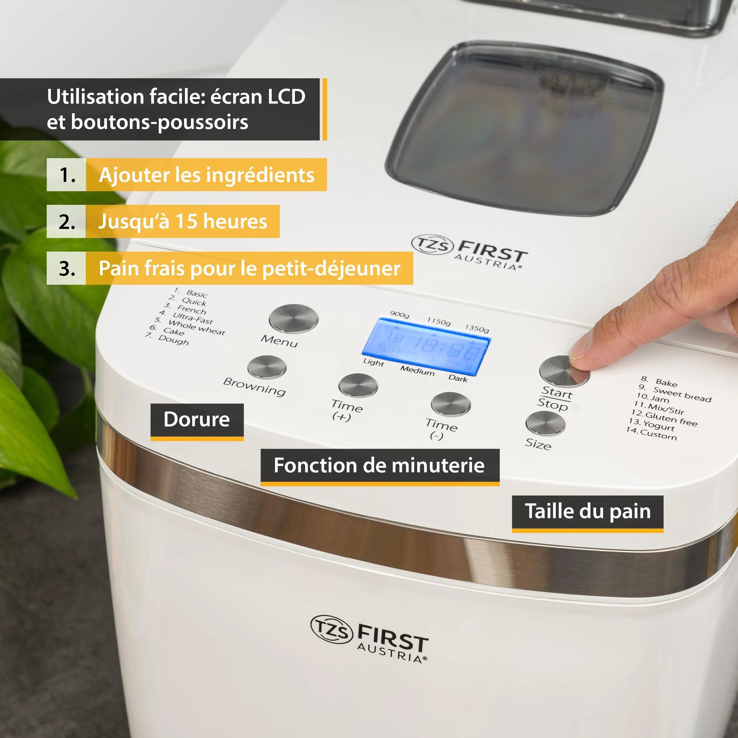 Machine à Pain 850W First Austria 14 Programmes Automatiques 900g 1350g Dorement Réglable Minuterie Maintien au Chaud