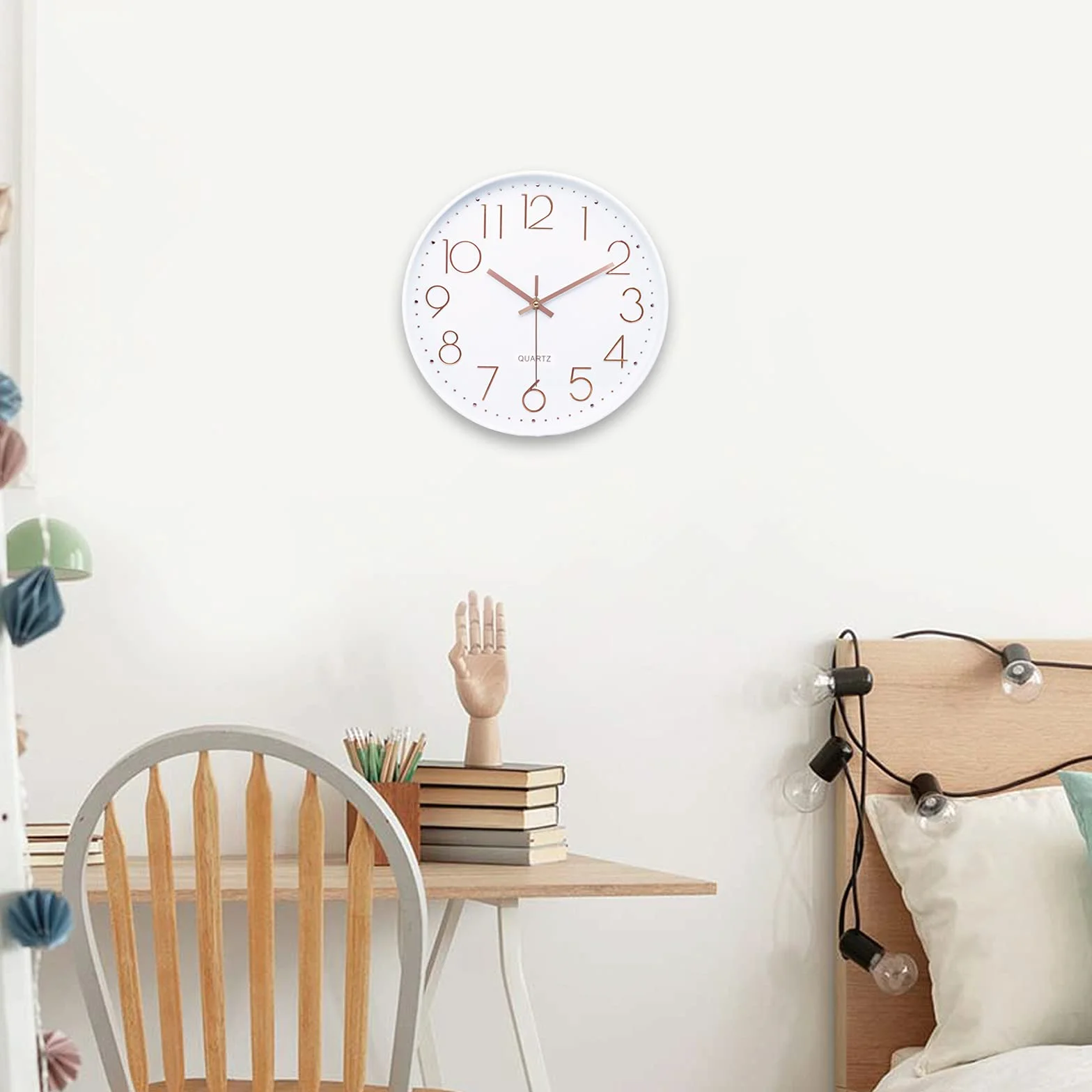 Lafocuse Horloge Murale 30cm Blanc Moderne Silencieuse Chiffres 3D Or Rose